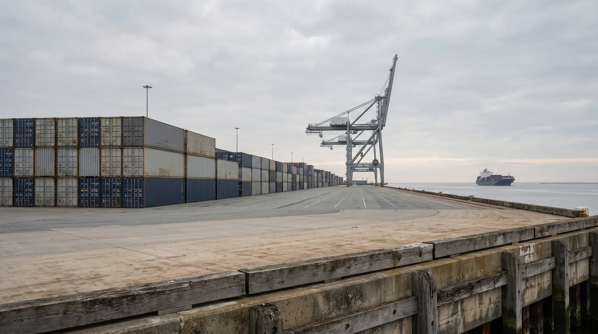 Containerterminal met gestapelde containers, laadkraan en containerschap in de haven.