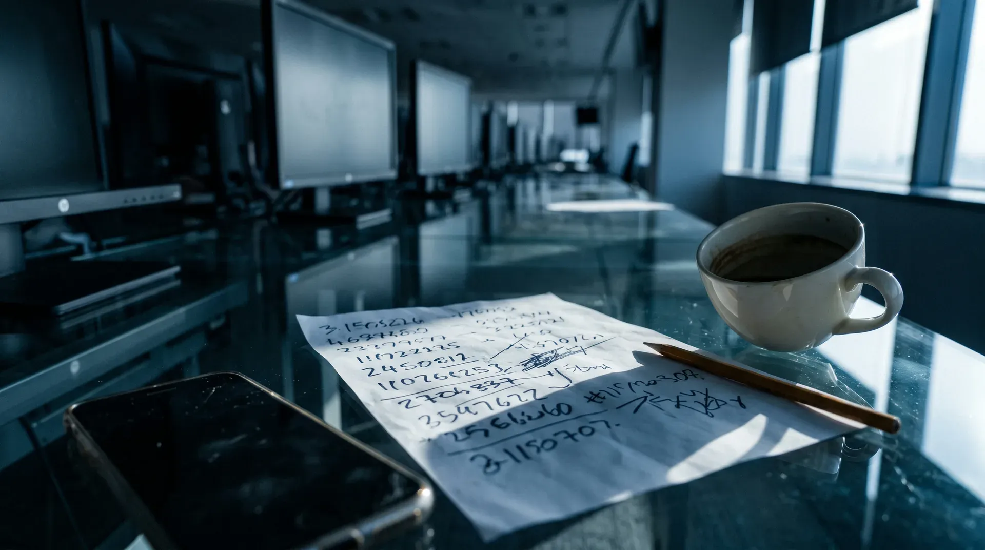 Kantoor met scherm, geschreven notities, koffiekop en pen op glazen bureau, achtergrond onscherp