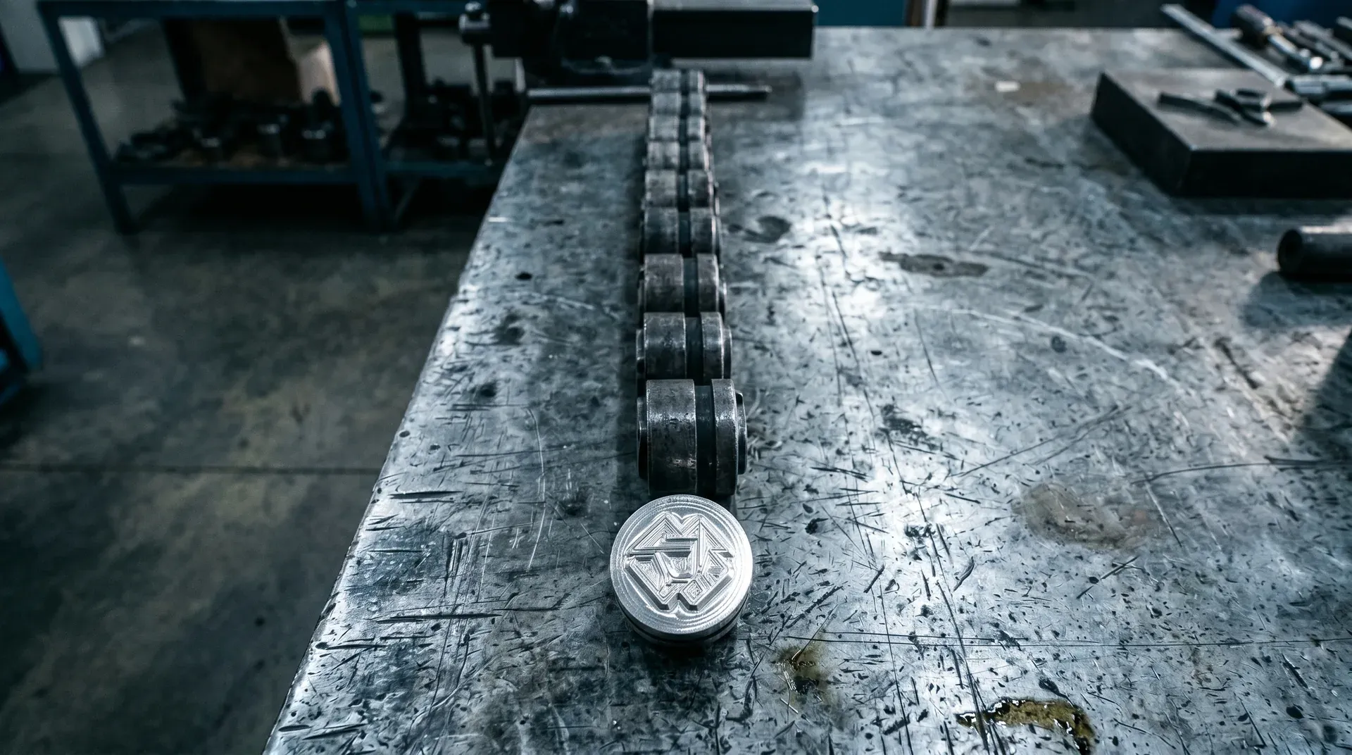 Zilveren munt met geometrisch logo op industriële metalen werkbank met kettingonderdelen