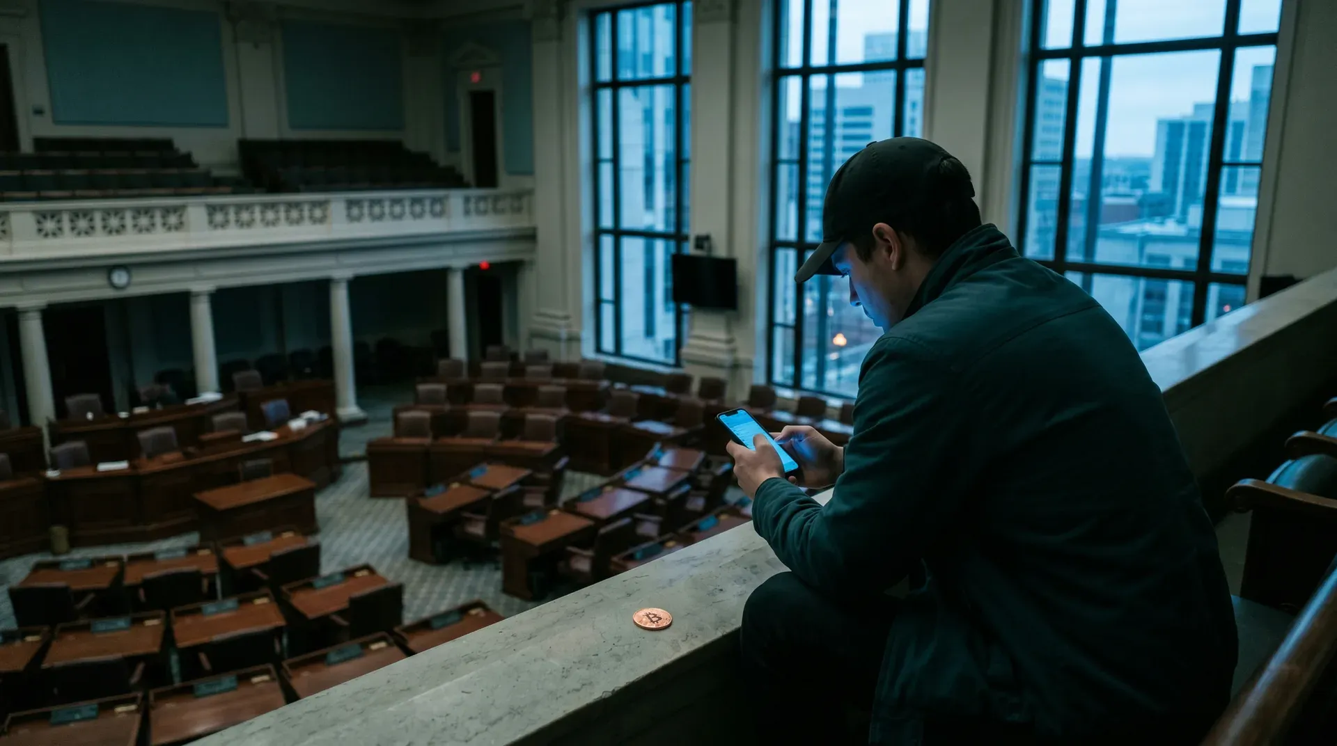Man met telefoon in gallerij van leeg parlement, skyline zichtbaar door ramen