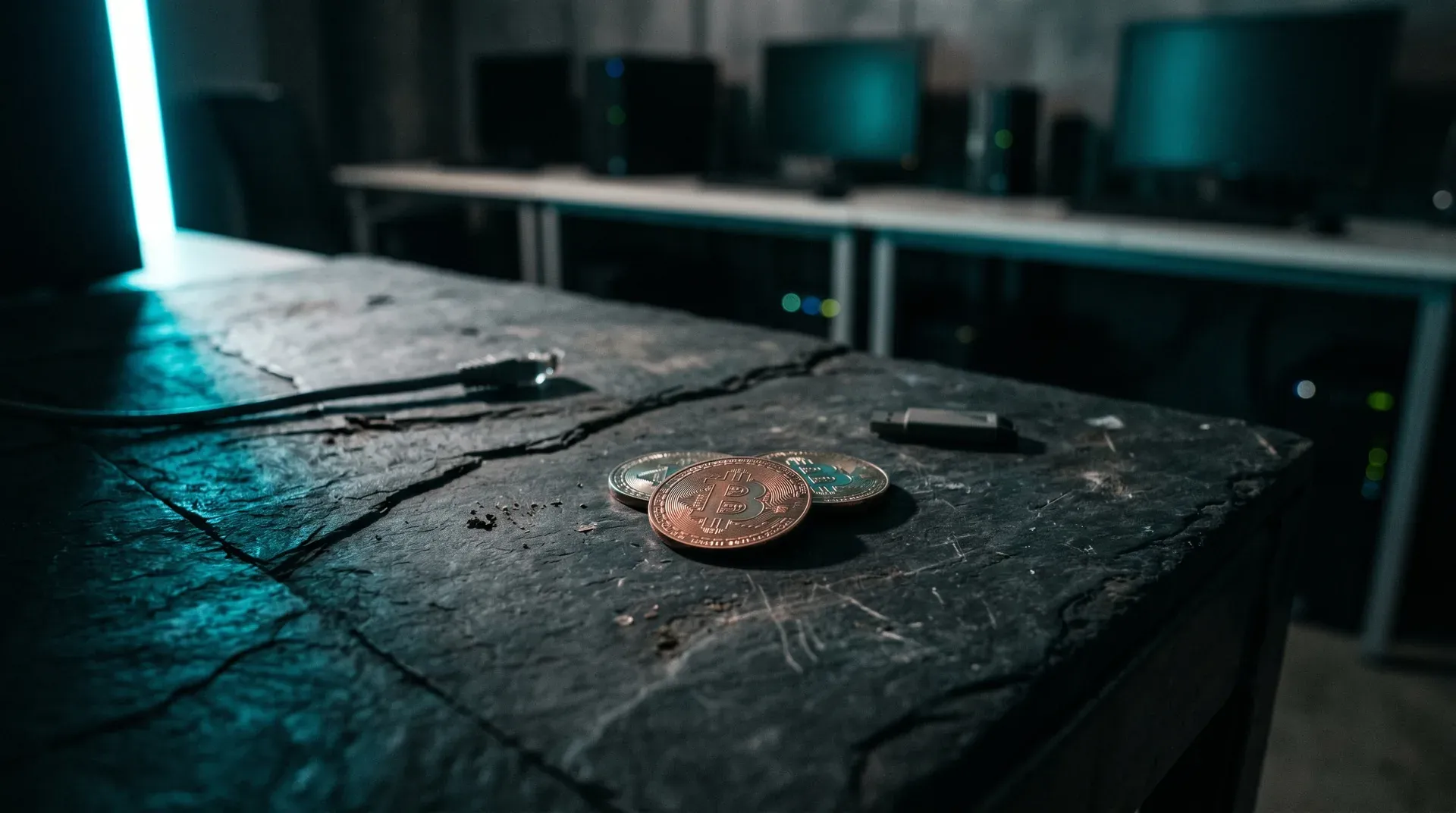 Bitcoin-munten op donker oppervlak met zwarte kabels en computerapparatuur op achtergrond in teal licht