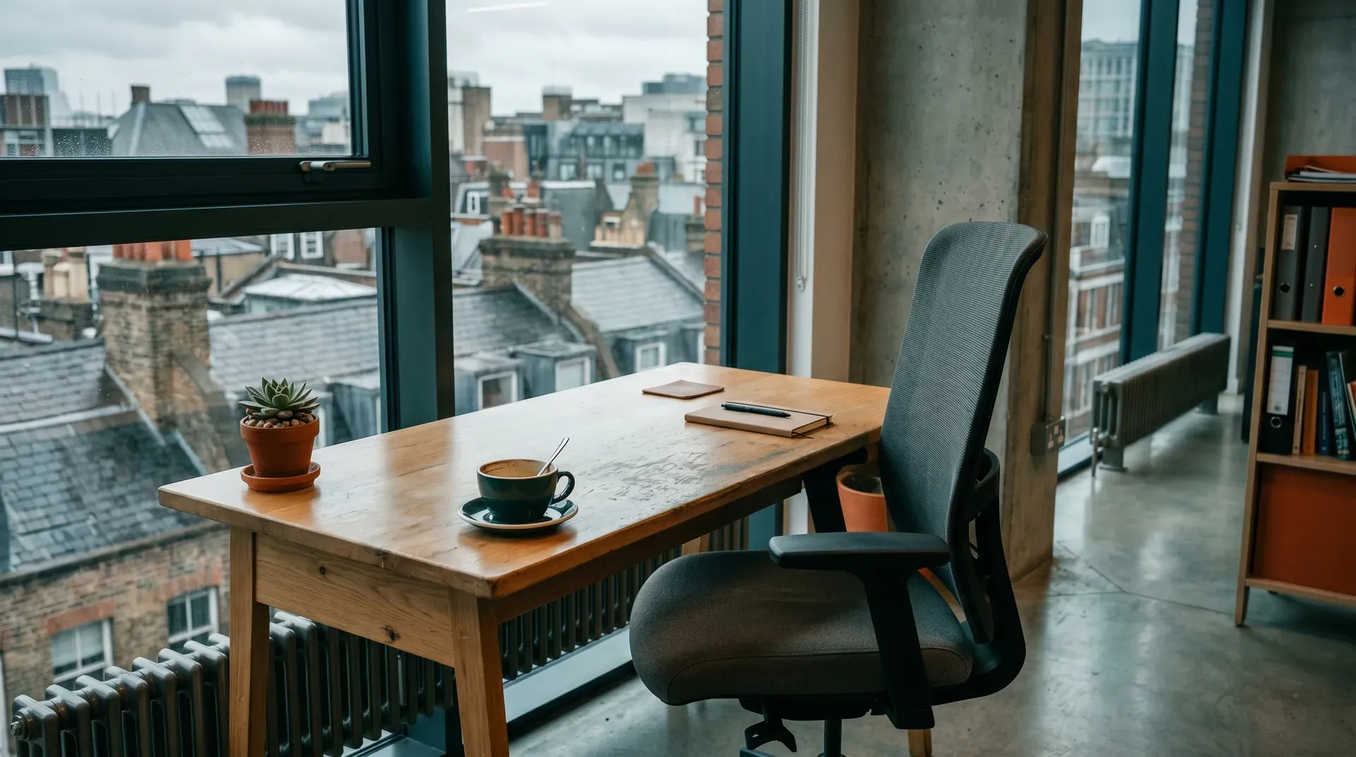 Minimalistisch werkbureau met houten tafel, grijze bureaustoel, koffiekopje en potplant, uitzicht op stadsdaken