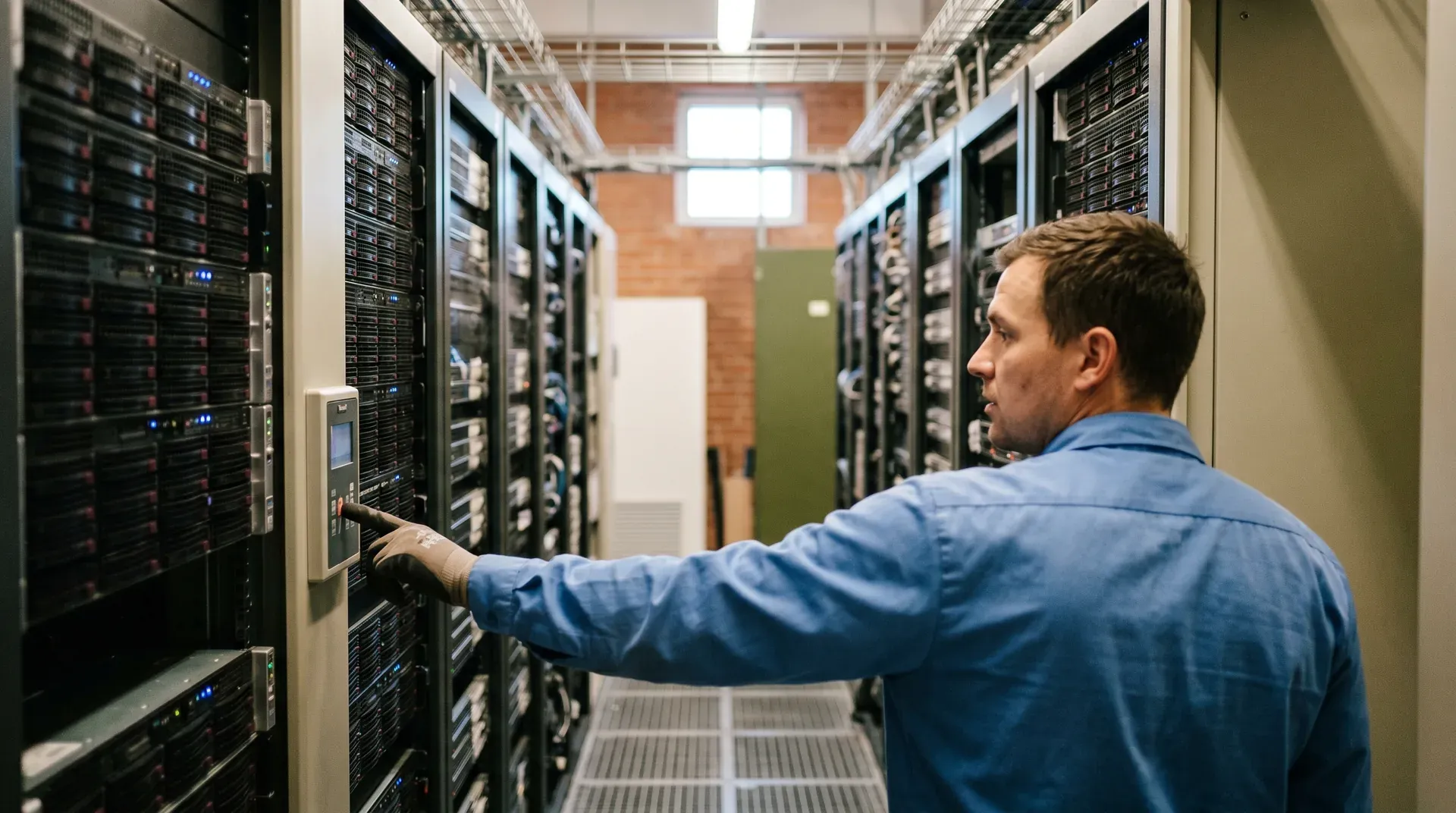 Technicus in blauw shirt inspecteert serverrekken in datacenter met rode LED-indicatoren