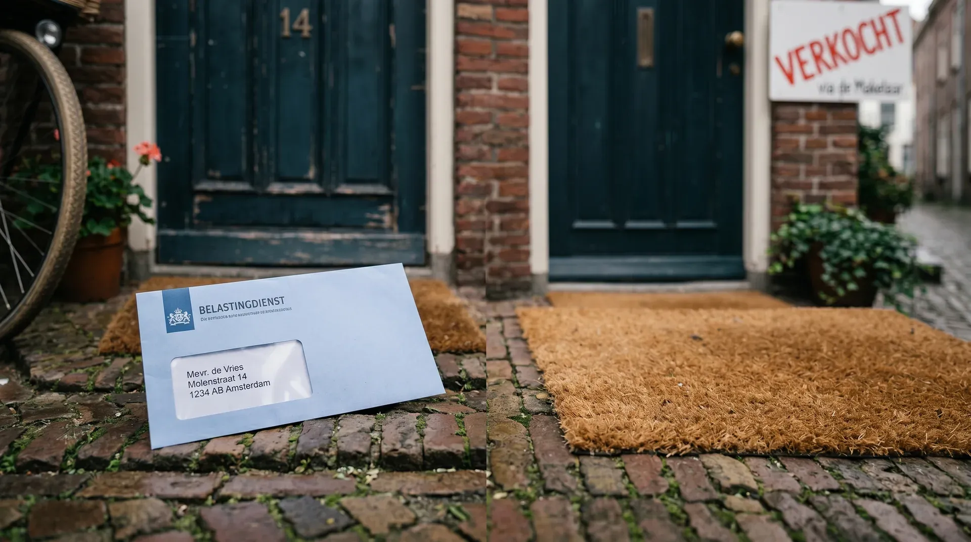 Belastingdienst brief op deurmat voor adres Molenstraat Amsterdam met huisnummer 14 op achtergrond