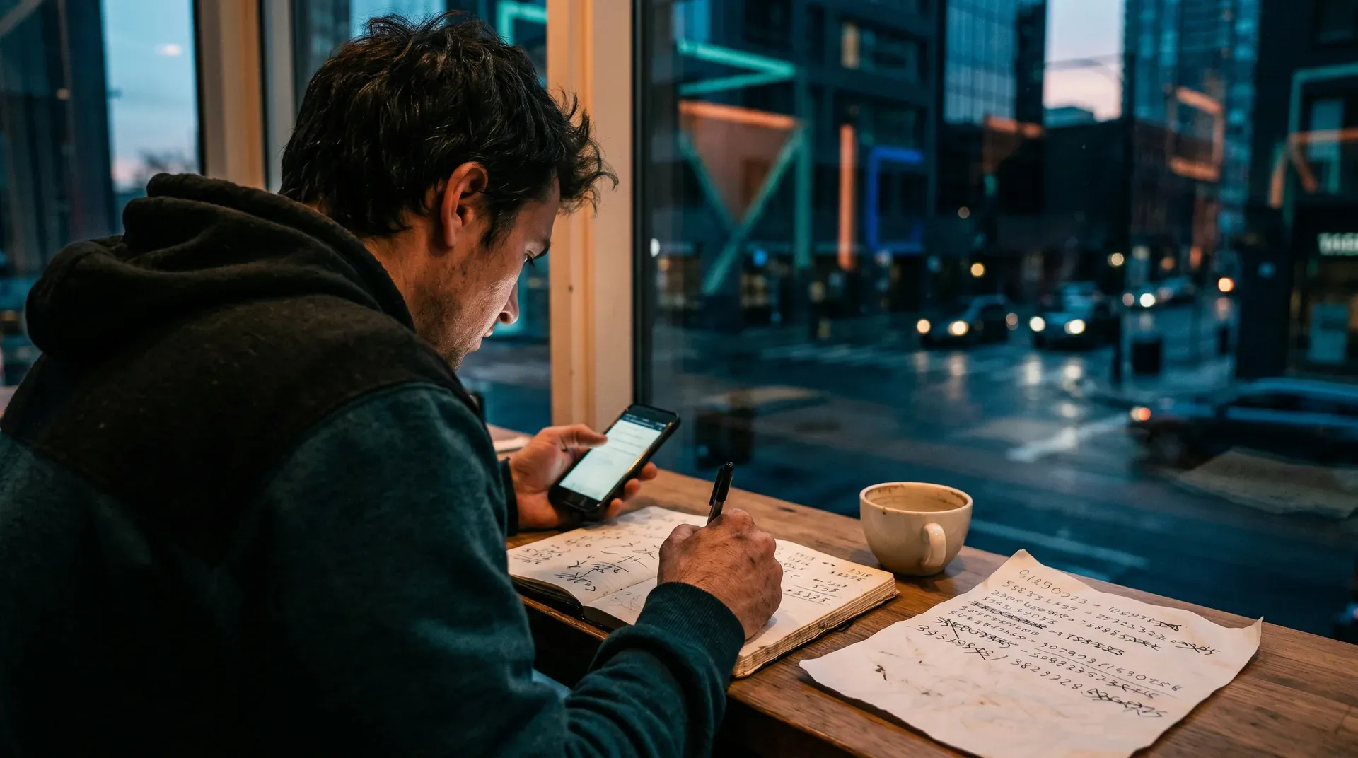 Man in hoodie werkt aan smartphone en notitieboek bij raam met nachtelijke stadsuitzicht en koffiekop.