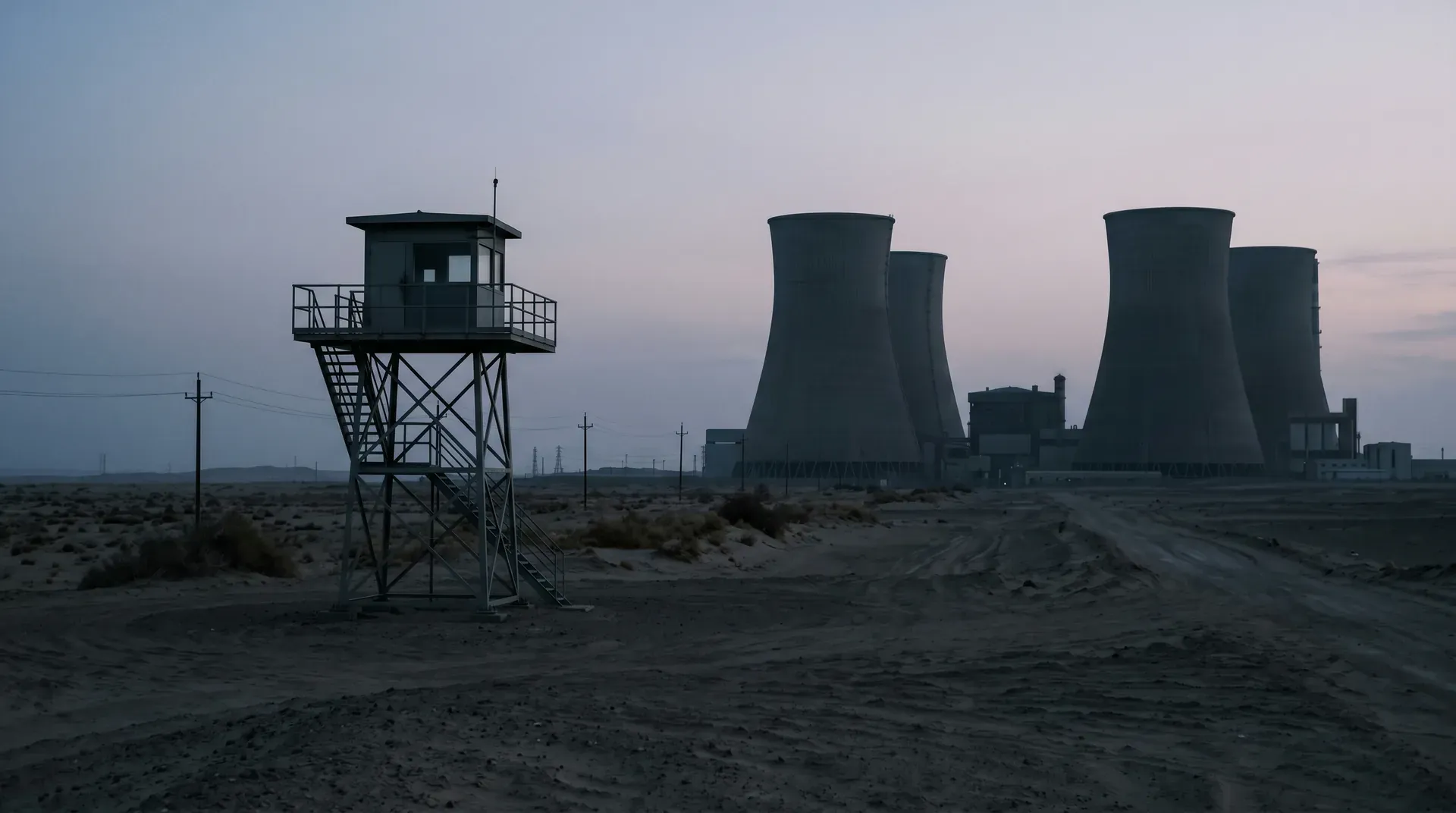 Verlaten kerncentrale met koeltorens in woestijnlandschap bij schemering, uitkijktoren op voorgrond.