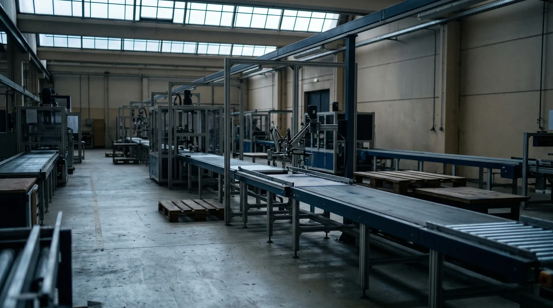 Verlaten fabriekshal met lege assemblagelijnen, metalen frames en ramen bovenin.