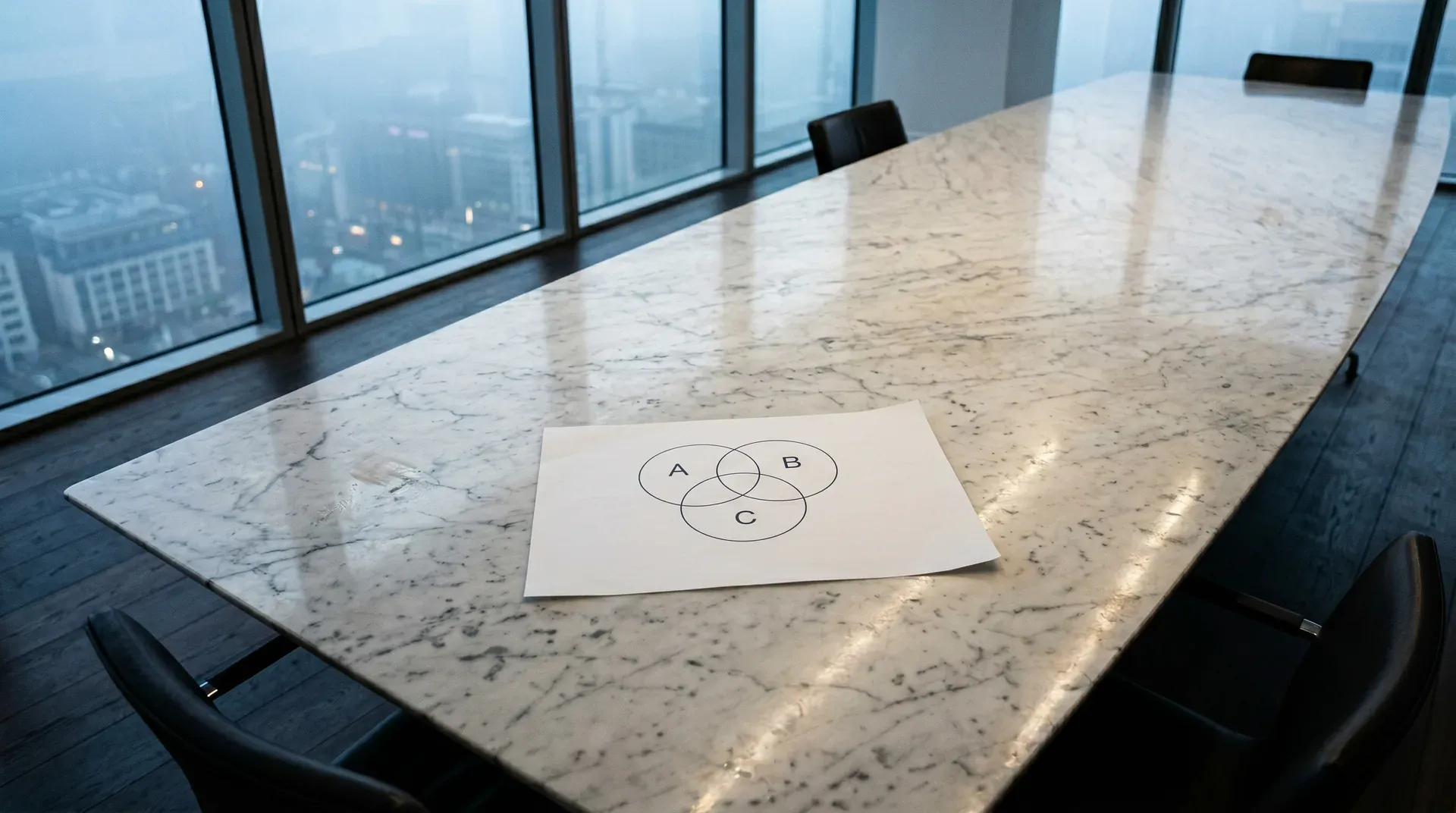 Marmernen conferentietafel met Venn-diagram op papier, skyline zichtbaar door grote ramen