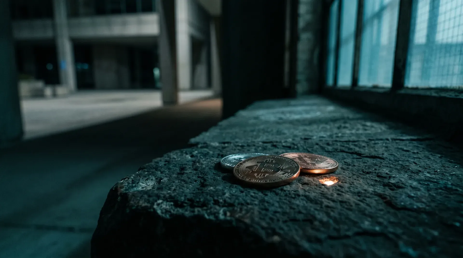 Bitcoins op donkere ondergrond in verlaten industrieel gebouw met zonlicht door ramen