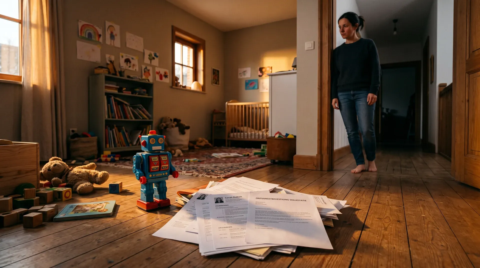Vrouw in kinderkamer met speelgoed en uitgespreid papierwerk op houten vloer