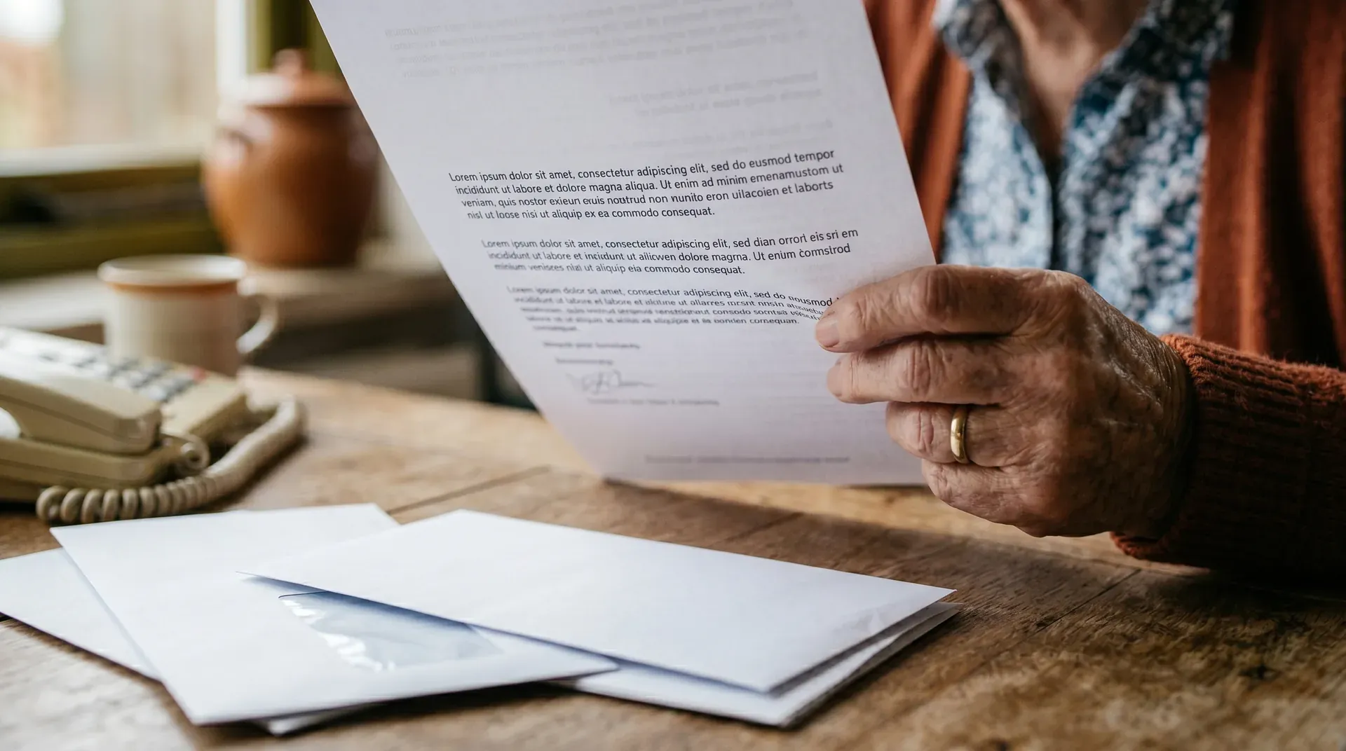 Oudere persoon leest document aan houten bureau met telefoon en papieren in warm licht