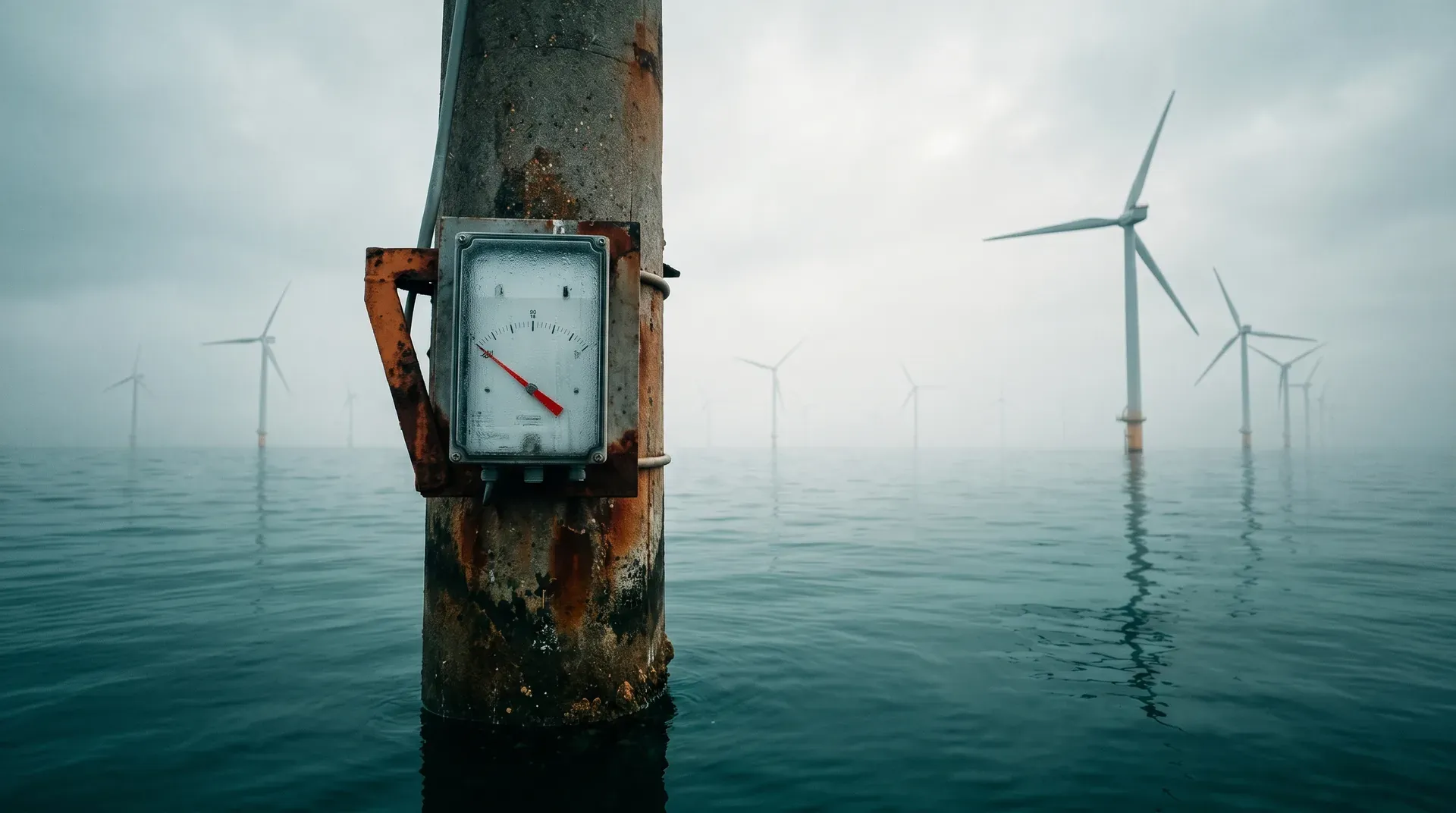 Roestige meetinstrument op paal in zee omringd door windturbines in mist