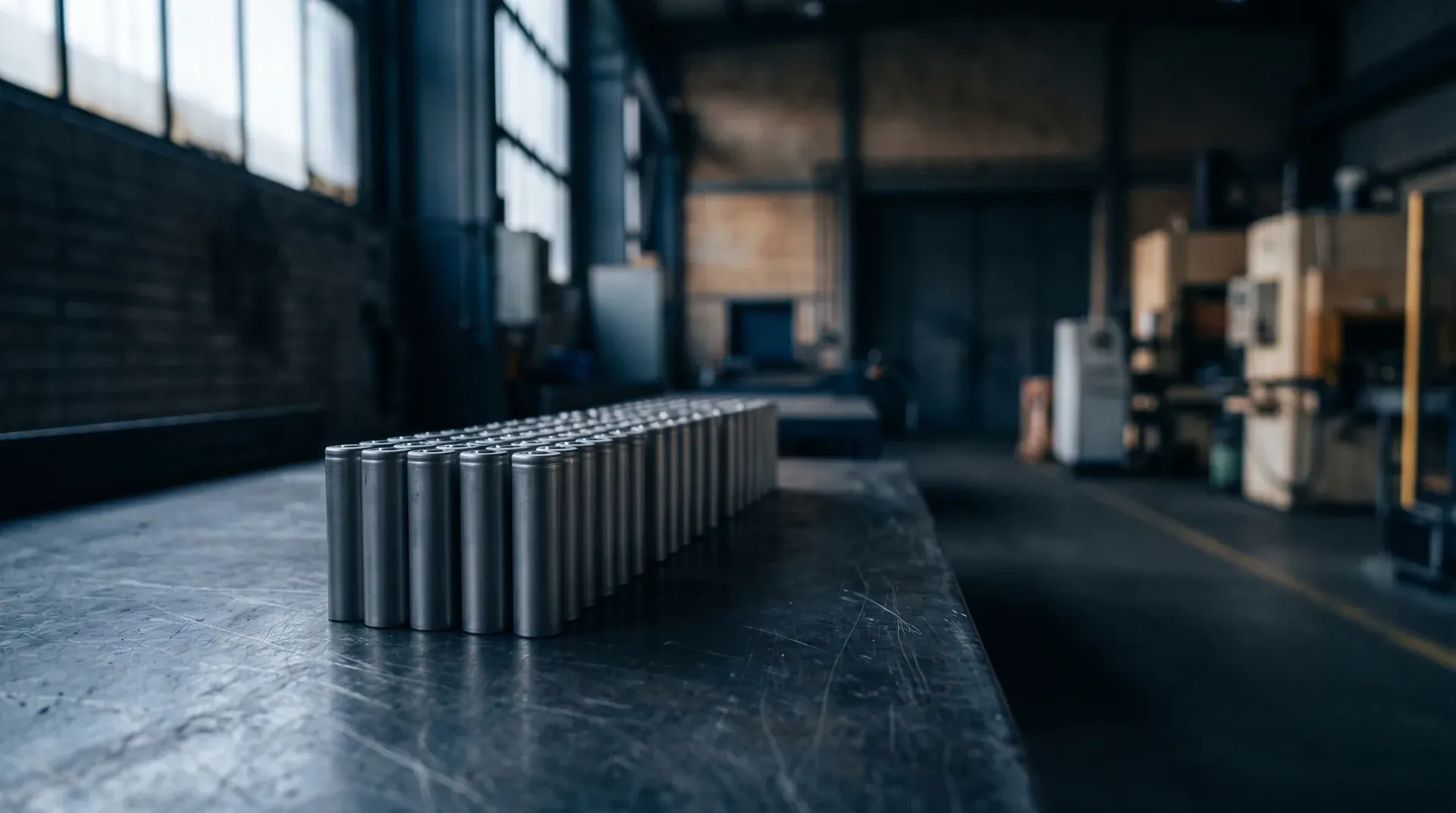 Rij metallic cilindervormige objecten op industriële werktafel in fabriekshal met ramen en vervaging achtergrond.