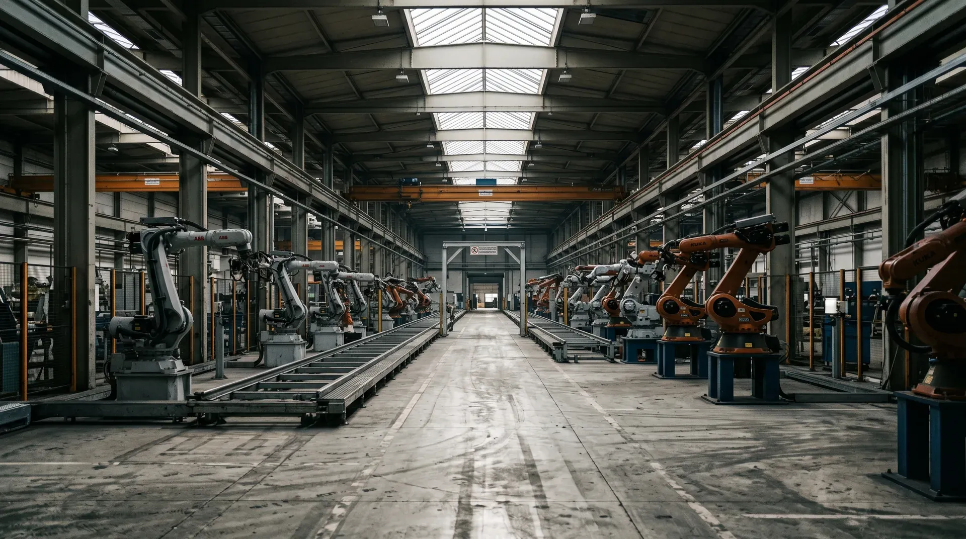 Industriële robotfabriek met oranje robottarmen langs montagelijn onder stalen dakstructuur