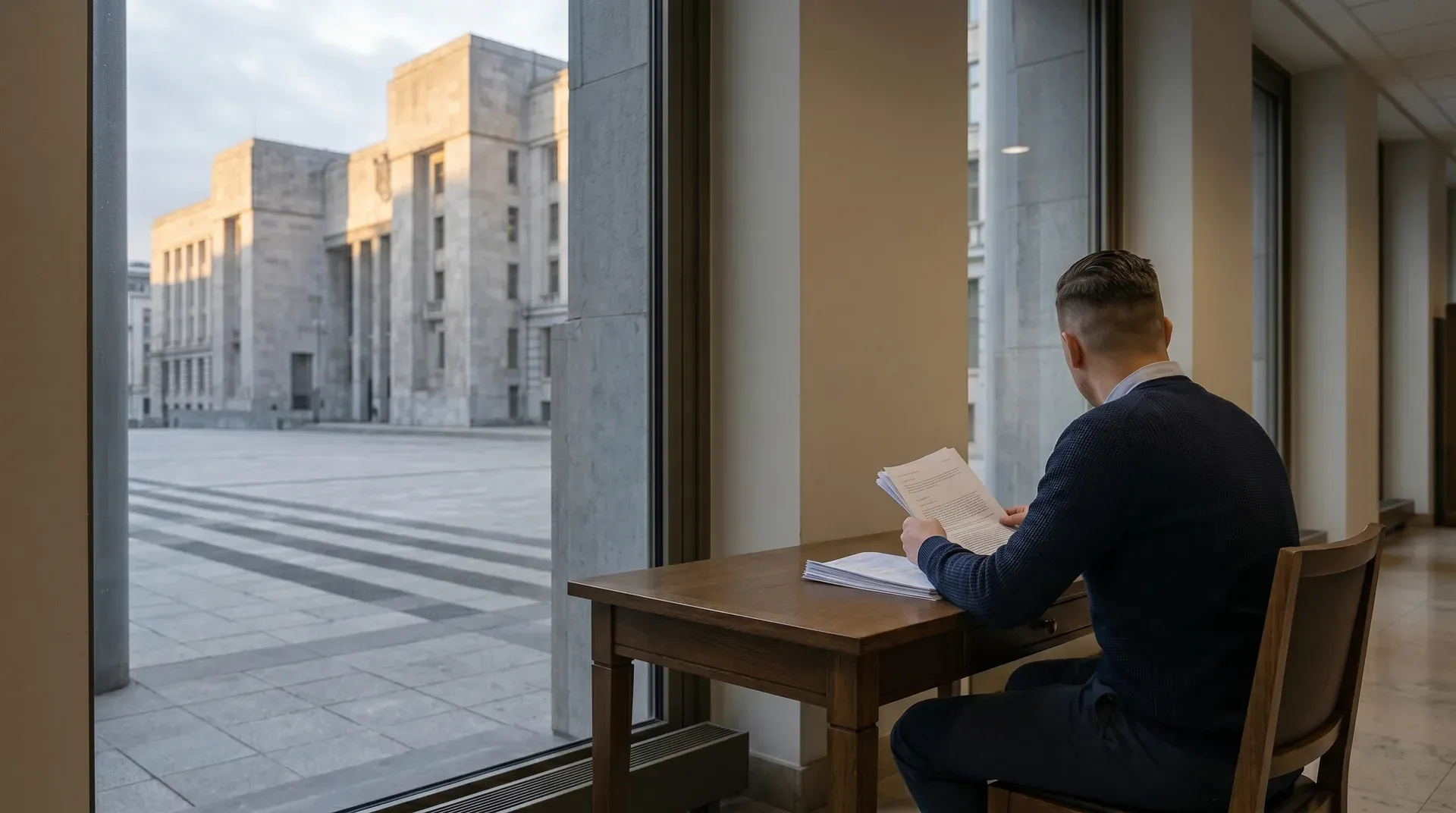 Man in donkerblauw pak zit aan houten bureau met documenten, uitzicht op moderne stenen plein met kantoorgebouwen.