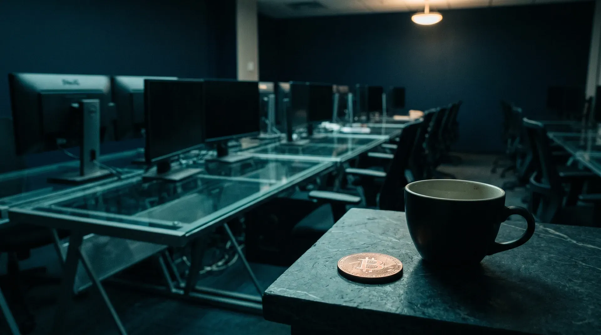 Donkere kantoorruimte met computer-werkstations en een Bitcoin-munt naast een koffiekop op de voorgrond
