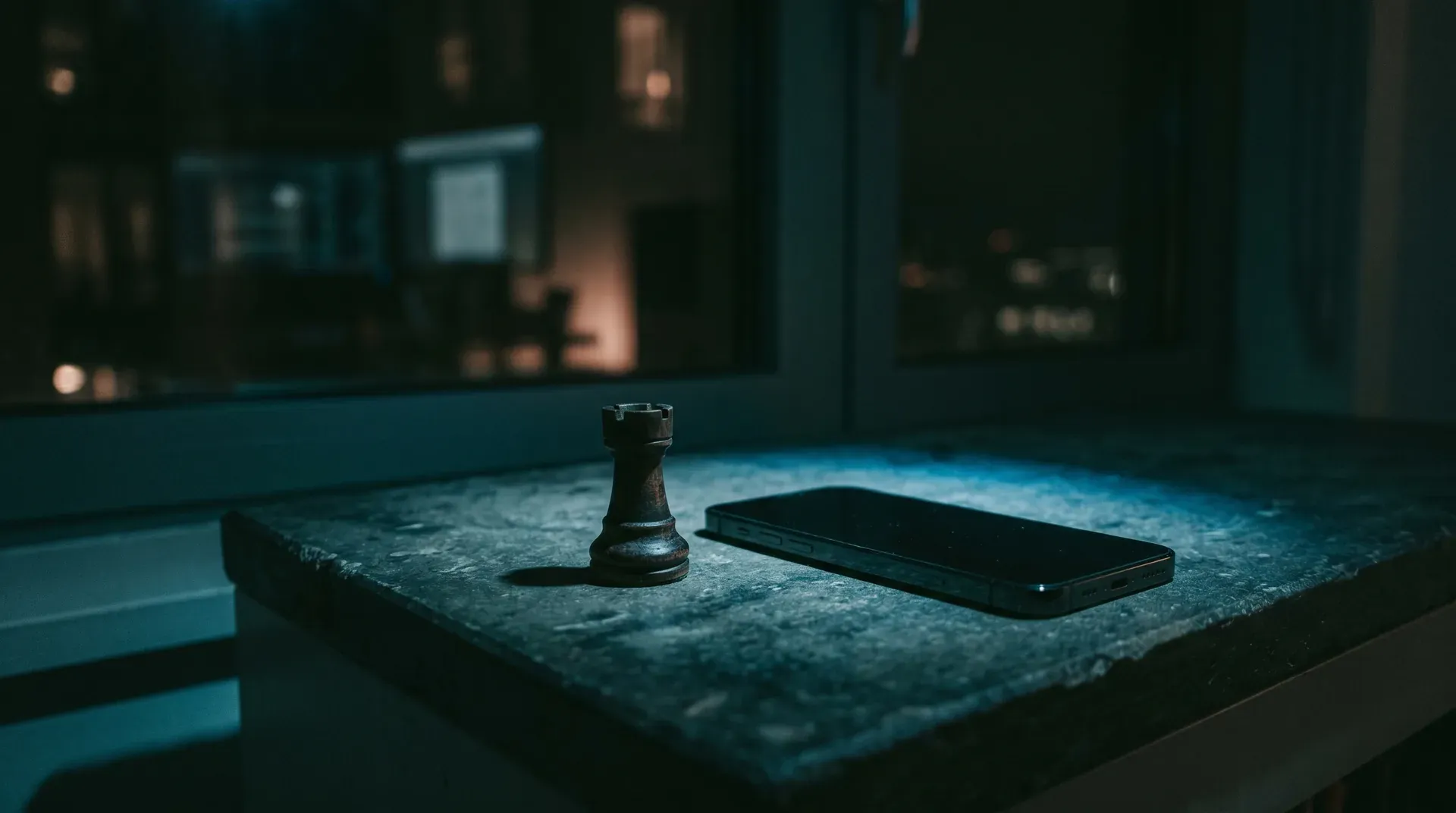 Schaakstuk en smartphone op textuurrijke oppervlakte in donkere, neonverlichte kamer