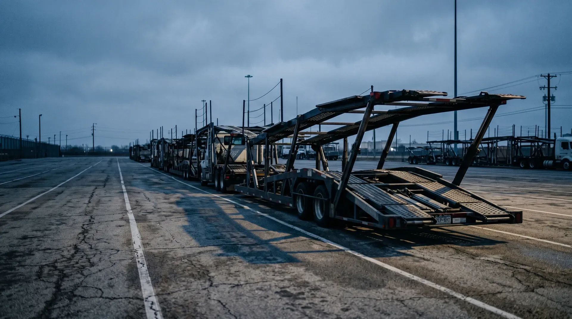 Autowagens op transportvoertuig op industrieel terrein onder bewolkte hemel.