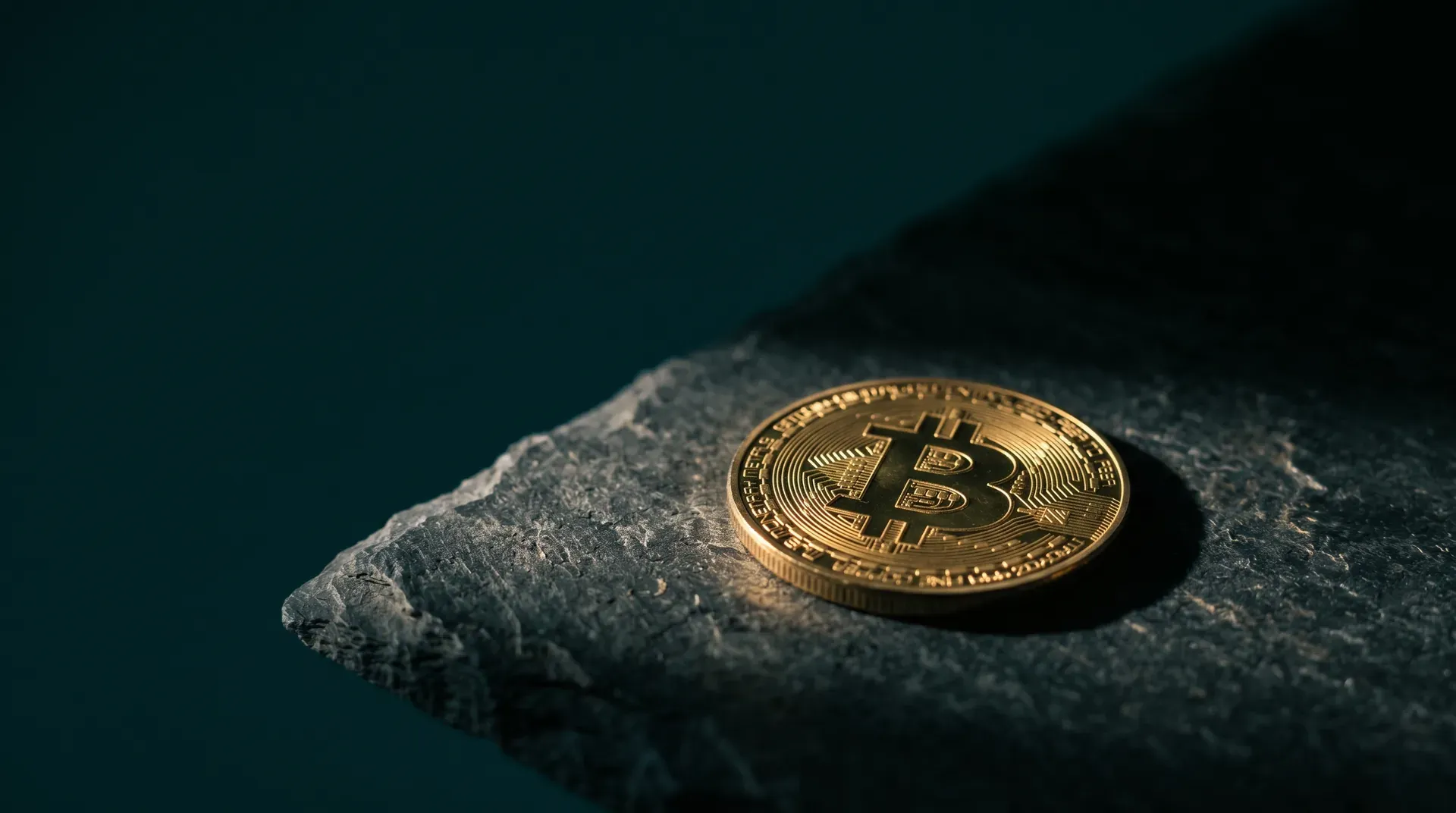 Gouden Bitcoin-munt op ruwe grijze steen tegen turquoise achtergrond