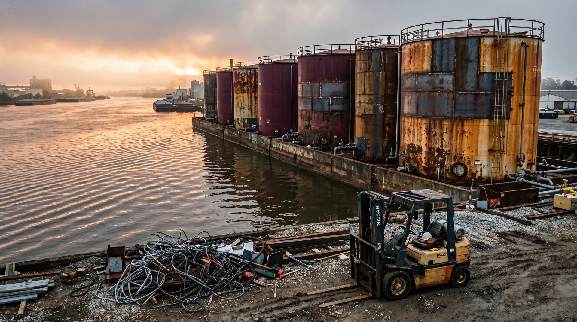 Industriële haven bij zonsopgang met roestige opslagtanks, kraan en losliggende kabels aan de waterkant.