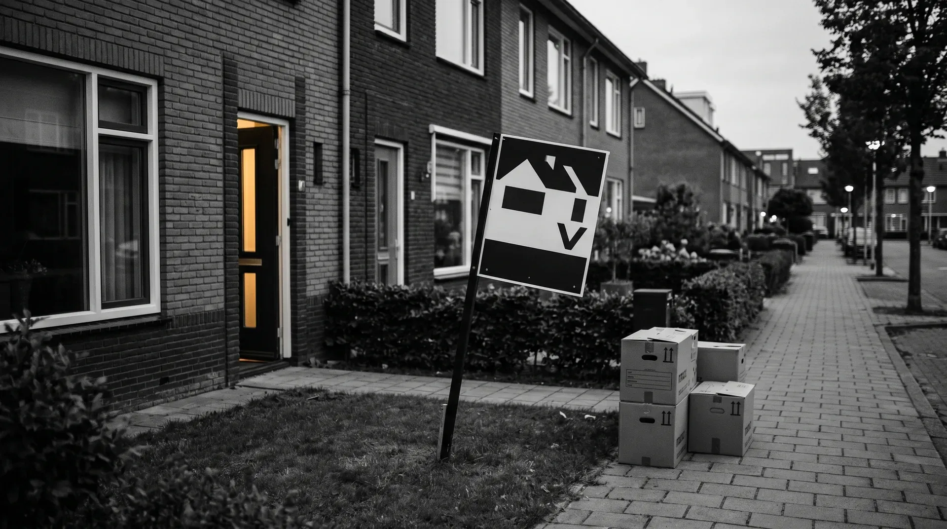 Rij moderne huizen met makelaarsbord en verhuisdozen op de stoep, zwart-wit fotografie