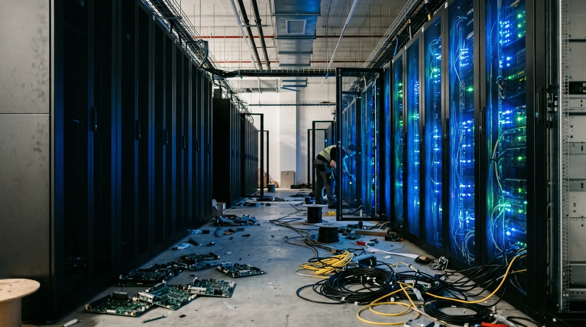 Datacentergang met serverkasten, blauwe LED-verlichting en technicus tijdens installatie