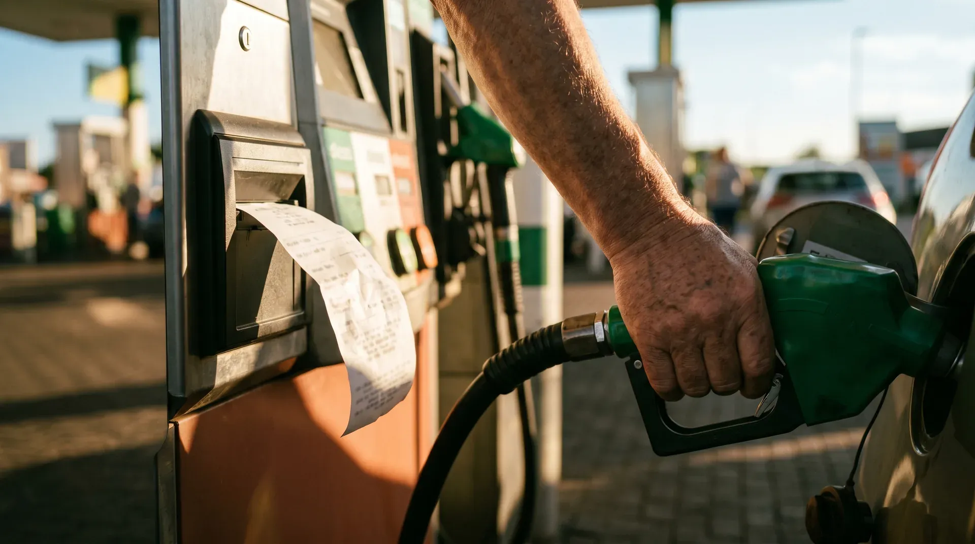 Man tankt auto bij benzinepomp met bonnetje zichtbaar, zonnig tankstation op achtergrond