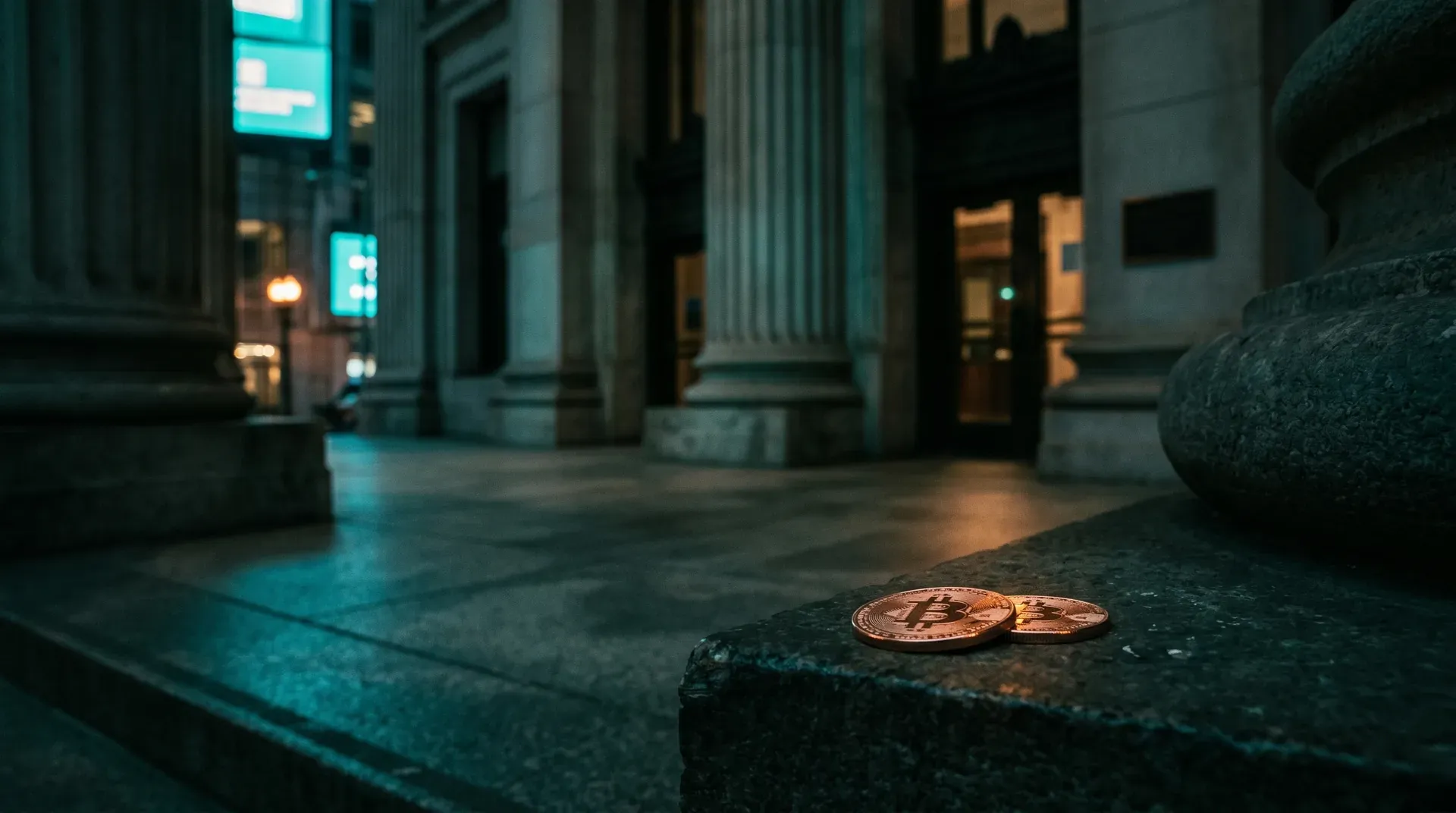 Twee koppelingen op stenen rand in nachtelijke stedelijke straat met klassieke kolommen en turquoise neonlicht