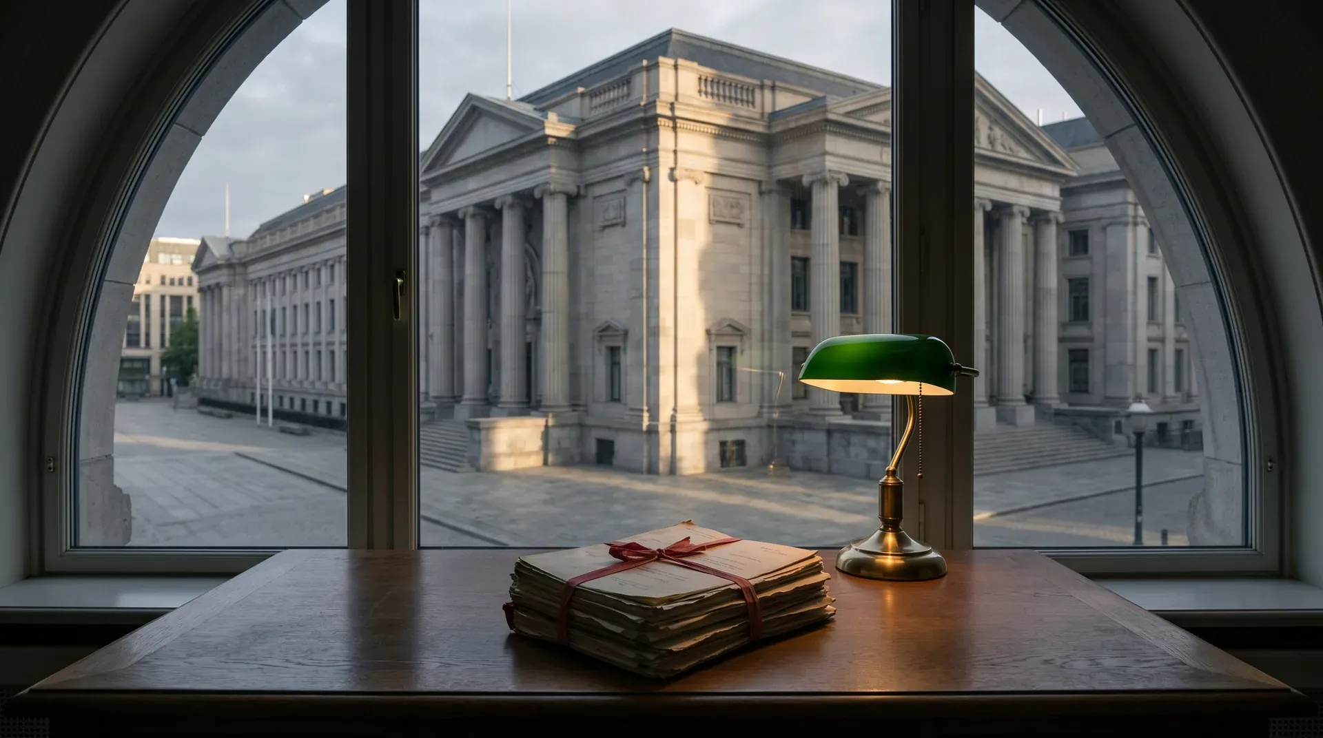Klassiek bureau met stapel documenten en groene leeslamp, uitzicht op neoclassieke regeringsgebouwen
