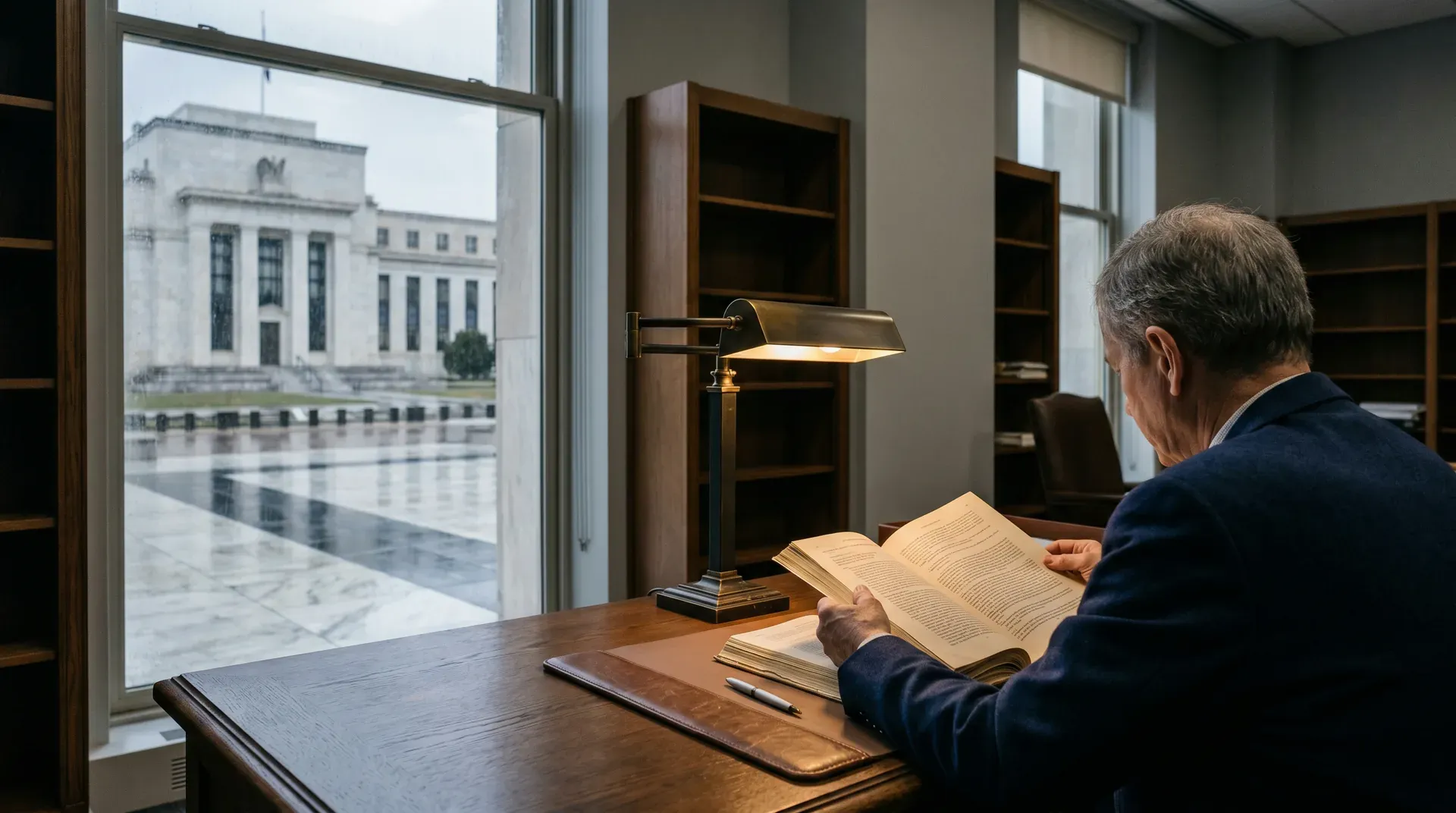 Man in donker pak leest boek aan bureau met bureaulamp, uitzicht op federaal gebouw