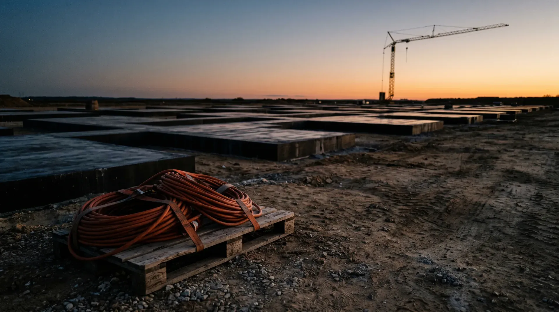 Oranje elektriceitskabel op pallet op zandterrein met graafkraan en betonplaten bij zonsondergang