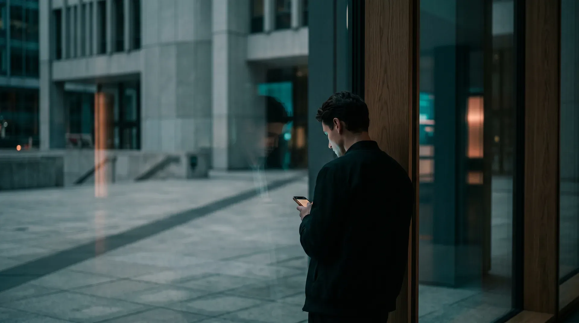 Man in zwart pak staat tegen houten paal in moderne stedelijke setting, smartphone in hand, glazen gebouwen op achtergrond