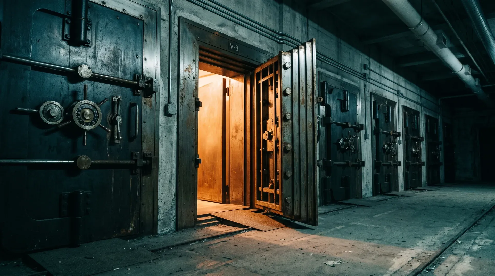Geopende metalen tresordeuren met warm oranje licht van binnenuit in industriële bunker