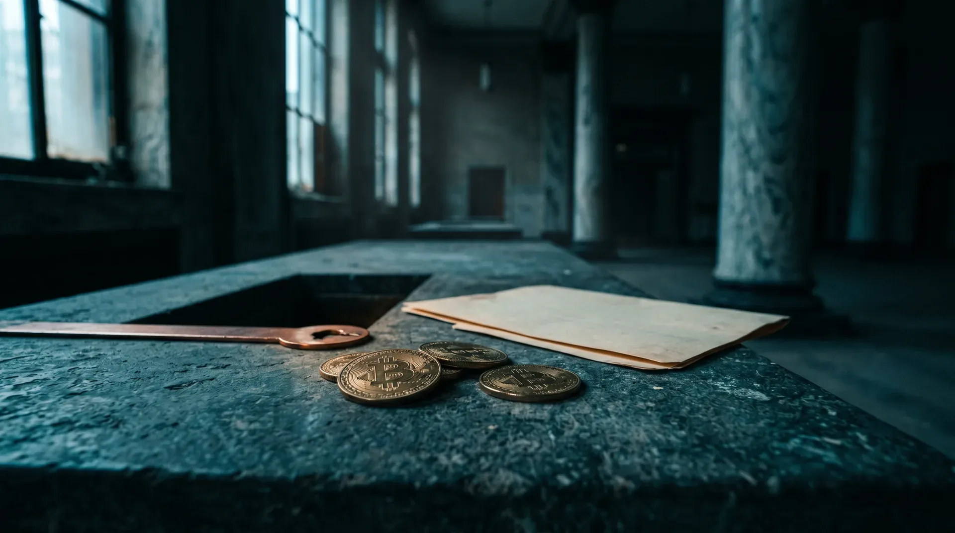 Bitcoin-munten en envelop op industriële betonvloer in verlaten gebouw met daglicht uit ramen