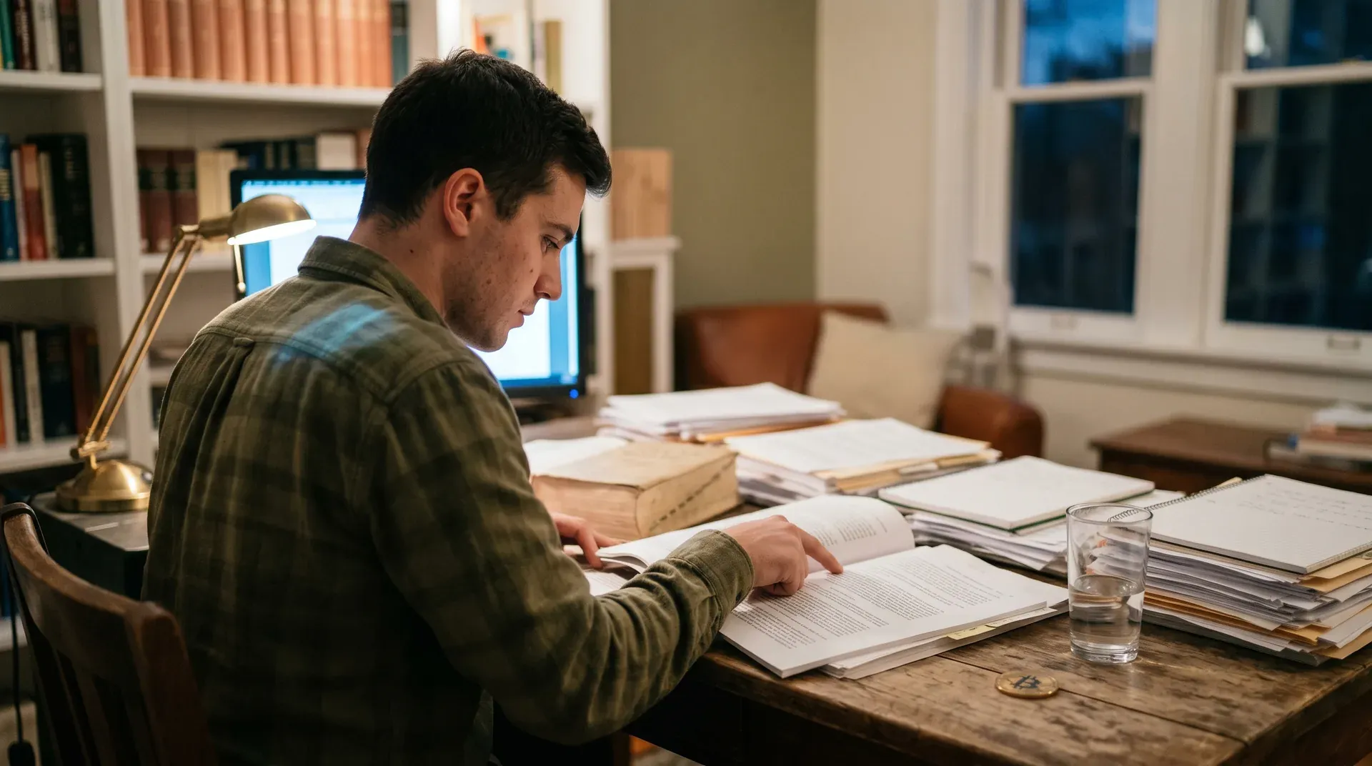 Man in olijfgroen overhemd bestudeert documenten aan houten bureau met stapels papieren en computermonitor