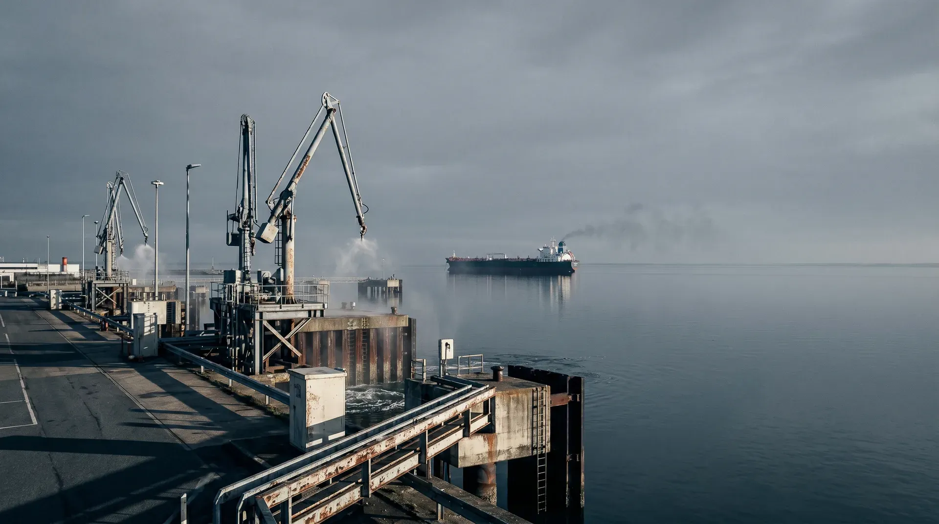 Industriële havenkranen bij mistige ochtend met tanker in de verte op kalm water