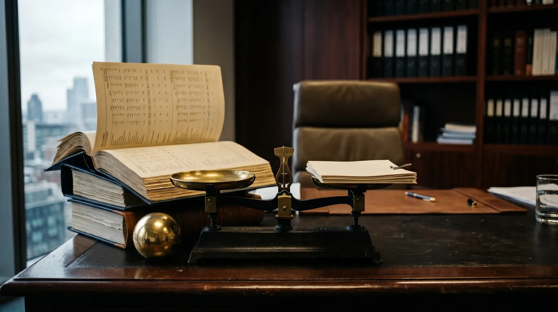 Advocatenkantoor met geopende wettenbundel, gouden weegschaal en stapel documenten op houten bureau