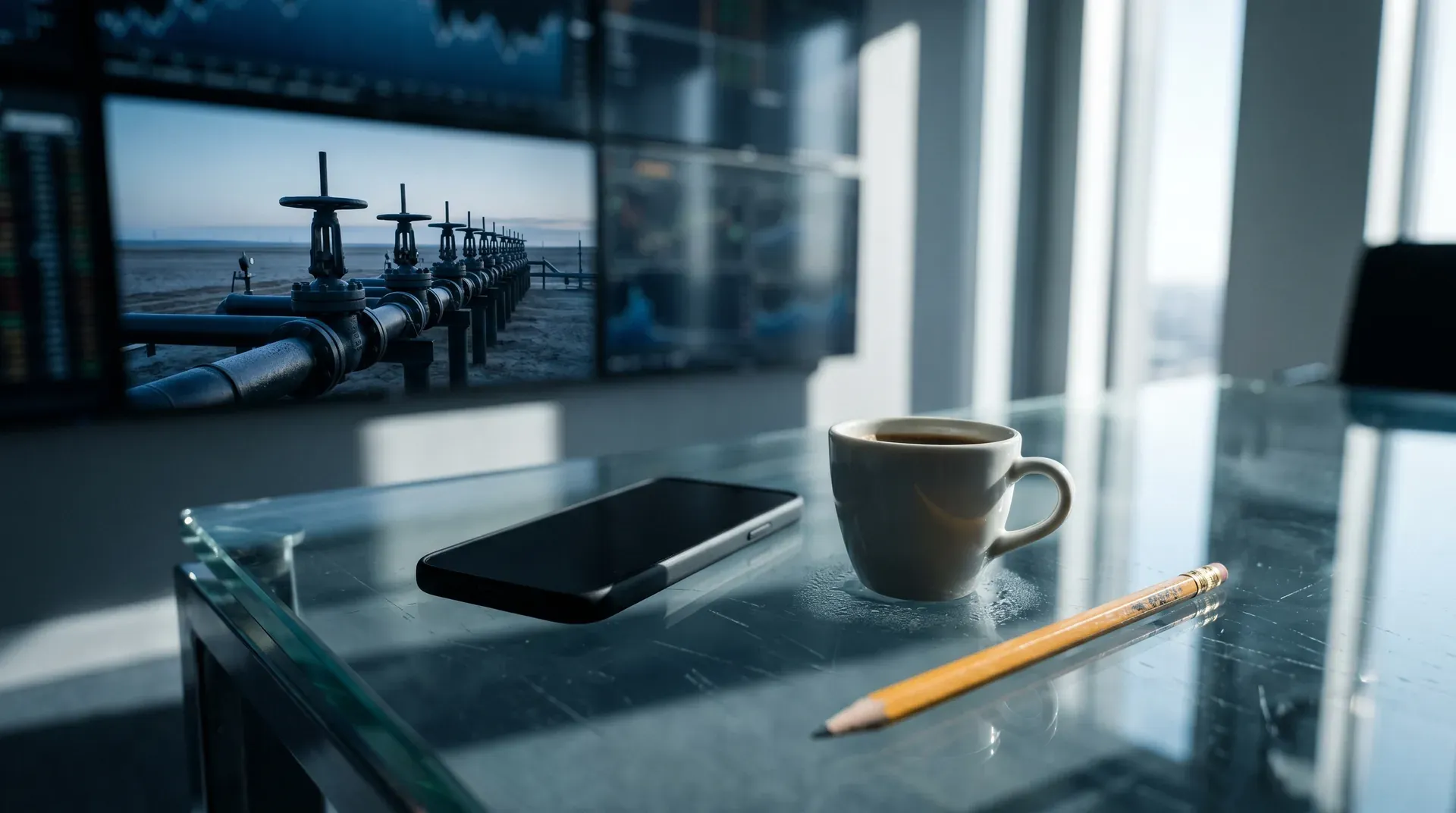 Kantoorbureau met koffiekop, smartphone en potlood; monitor toont industriële pijpleidingen aan zee