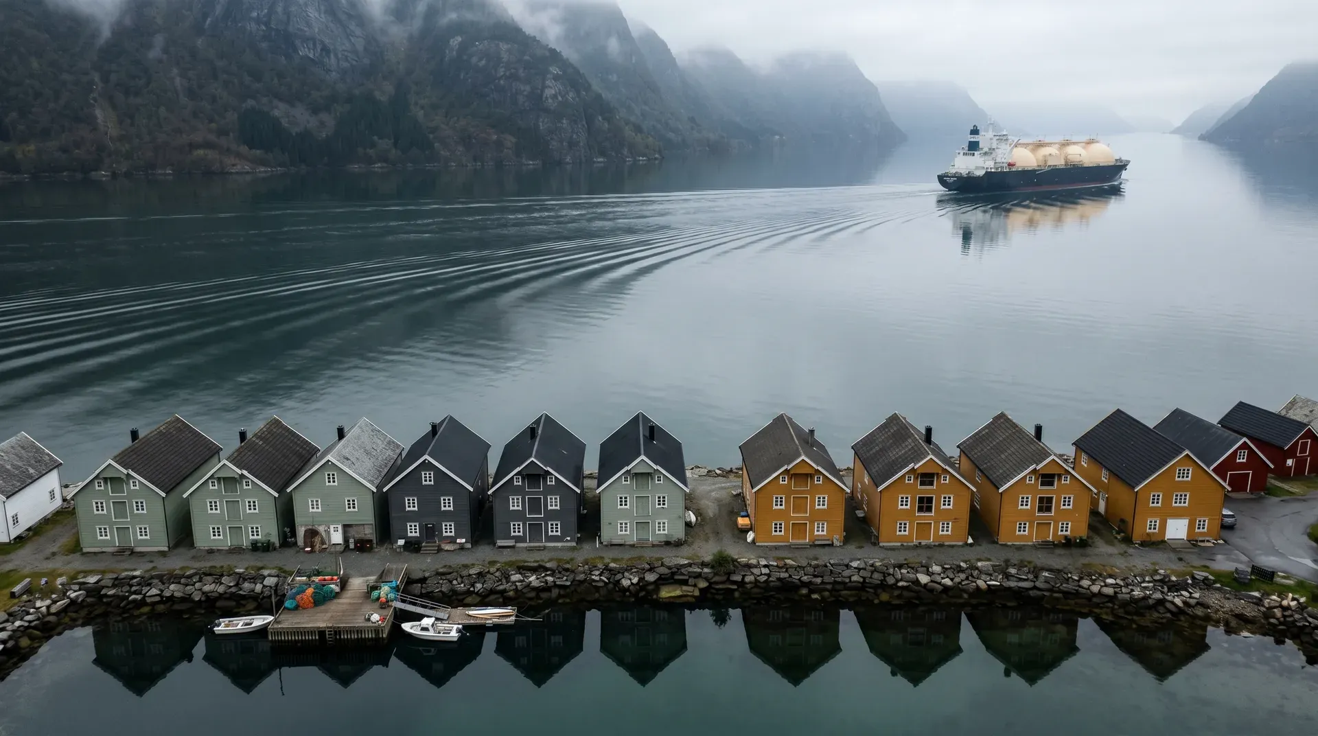 Rij gekleurde huisjes aan water met bergen en schip op fjord achtergrond