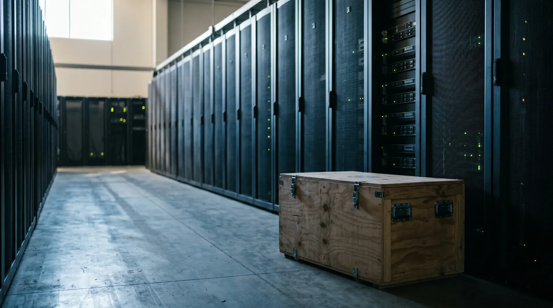 Datacentrum met servers en kisten, rijen zwarte serverkasten met groene indicatoren