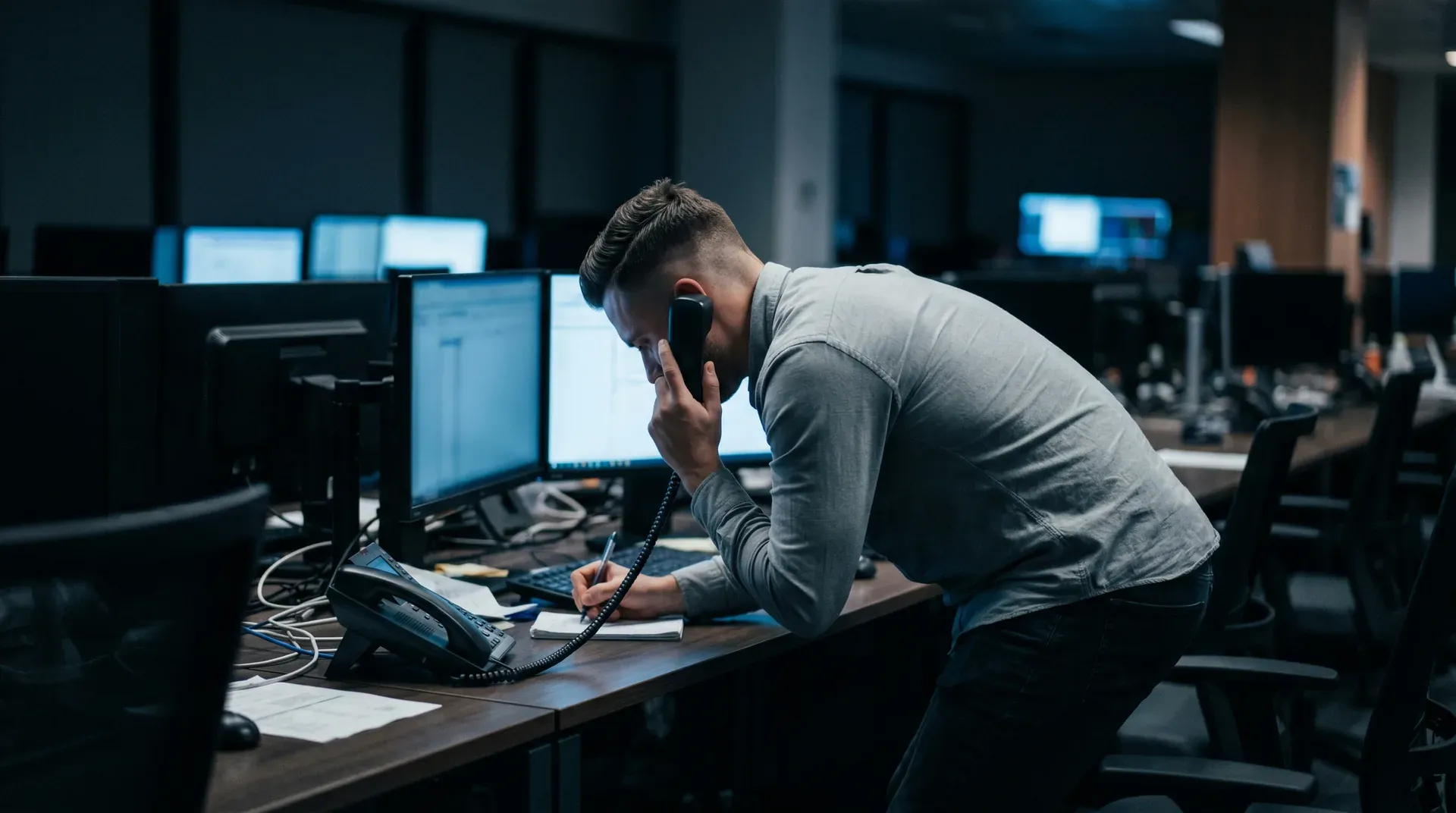 Man in grijs shirt gebogen over bureau met telefoon en documenten in donker kantoor