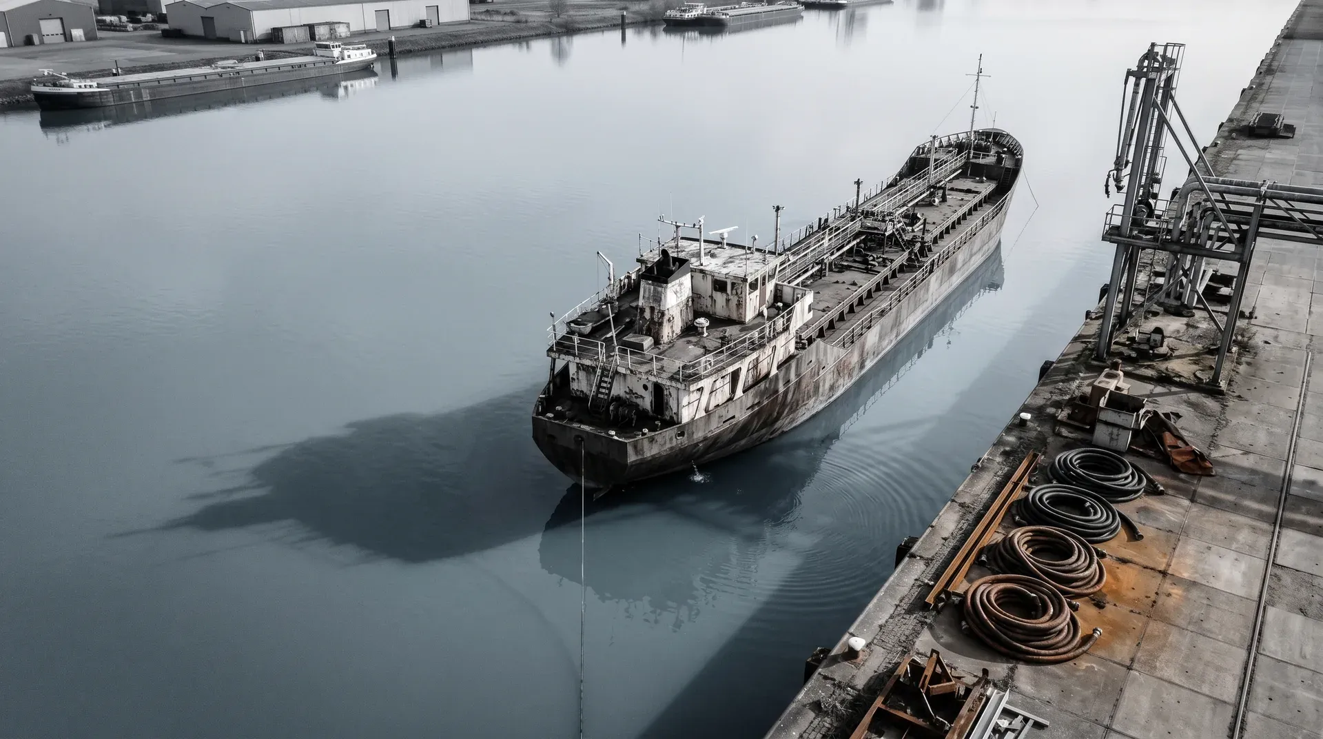Tankschip aangemeerd aan industriële haven met opgeslagen kabels en laadinfrastructuur