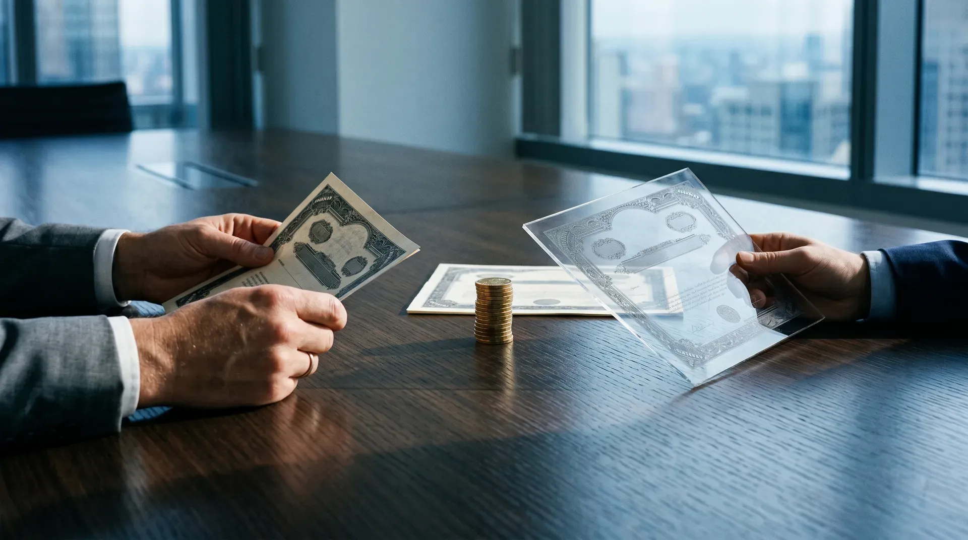 Twee zakenmannen aan tafel met dollar bills, munten en documenten in modern kantoor met stadszicht