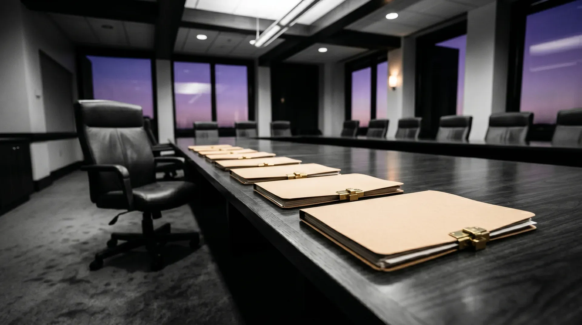Moderne conferentiezaal met donkere tafel, geopende notitieboeken met gouden spines, lege stoelen en paarse avondhemel door grote ramen