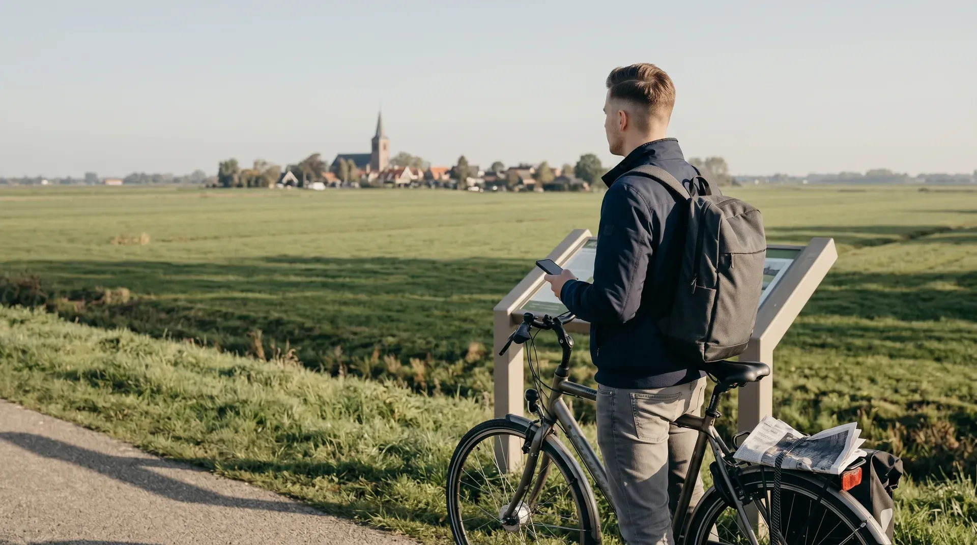 Man met fiets en kaart kijkt uit over groen landschap met dorp in de verte.