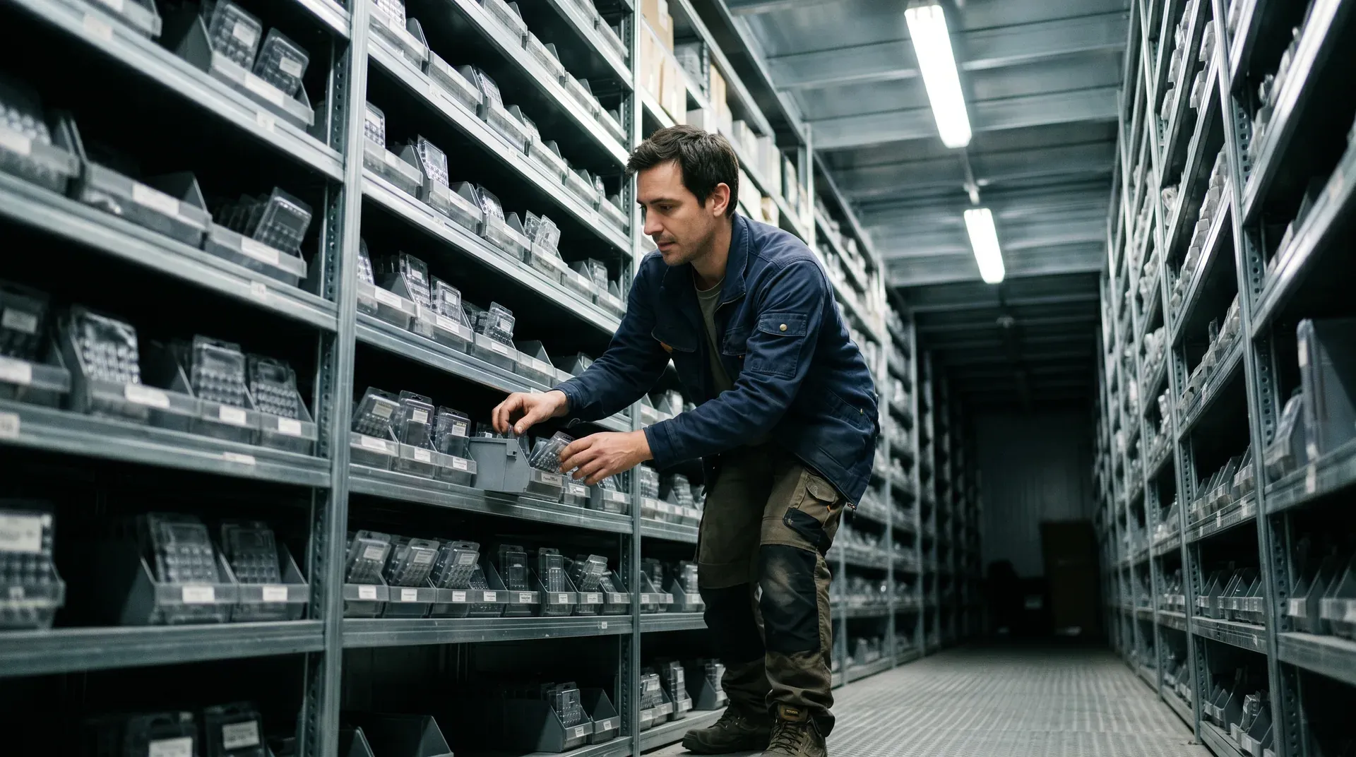 Man in donkerblauw jasje pakt component uit metalen rek in verlichte magazijnhal met grijze stellingen