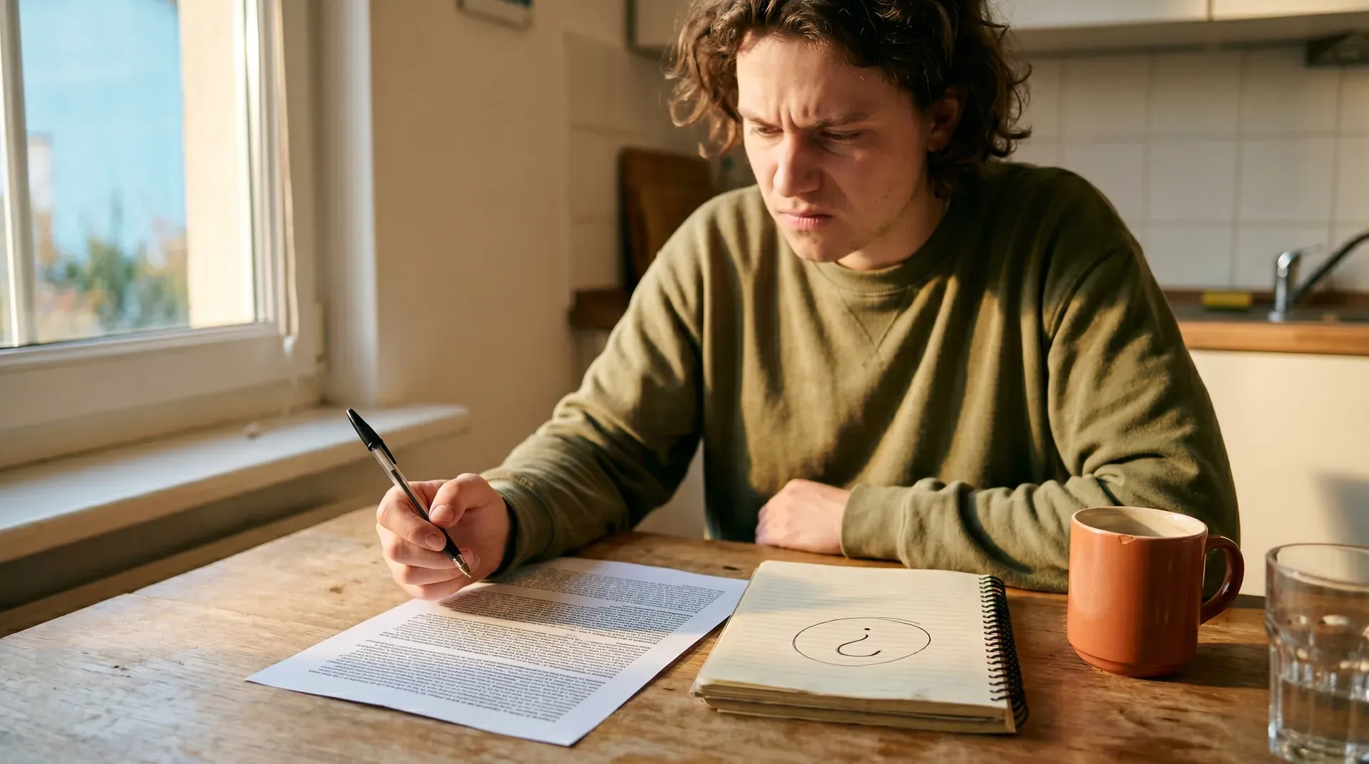 Man in olijfkleurig shirt schrijft aan tafel met document, koffiekopje en notitieboek in huisomgeving.
