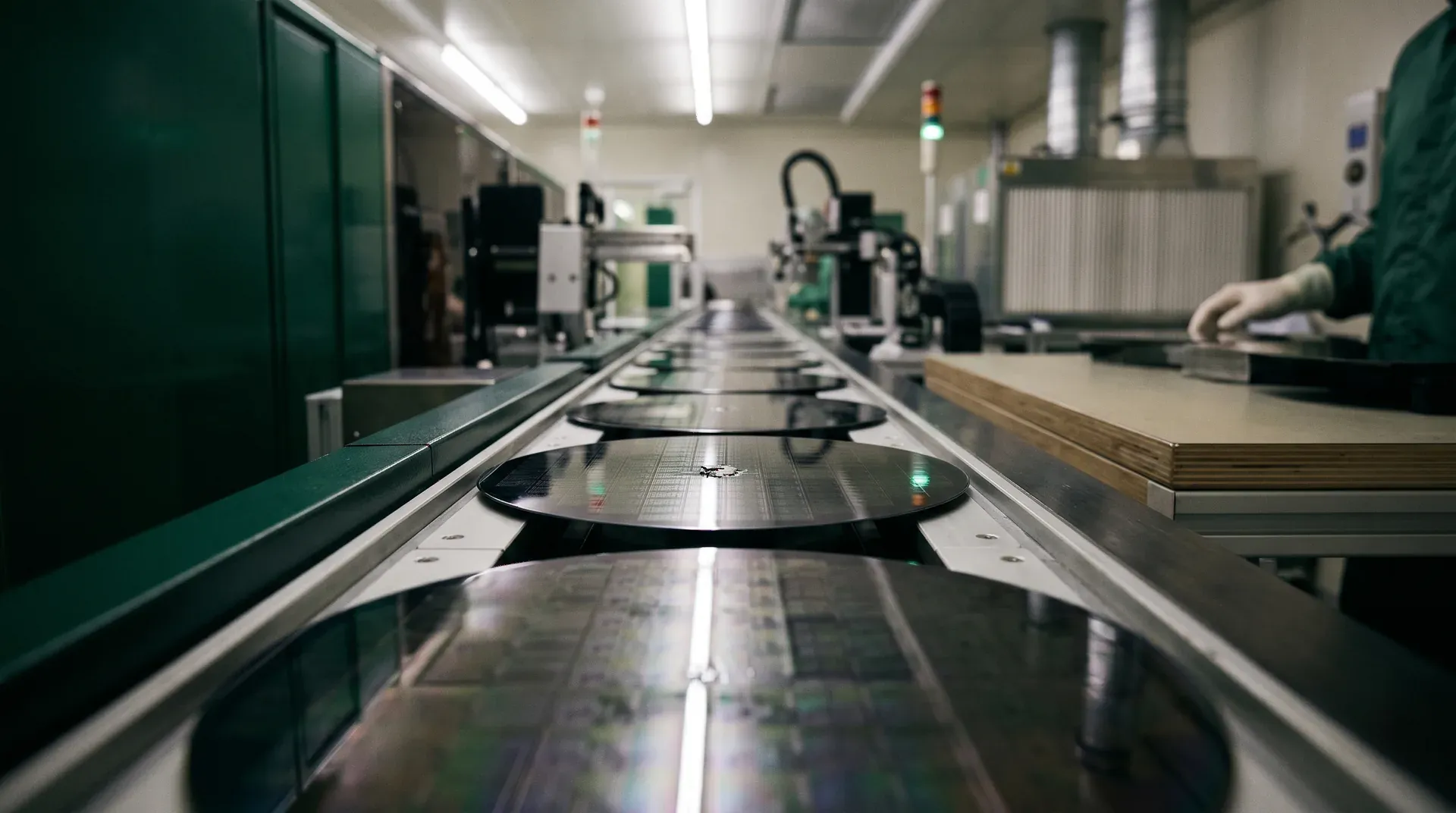 Lopetband met elektronische componenten in industriële fabricagehal met groene panelen