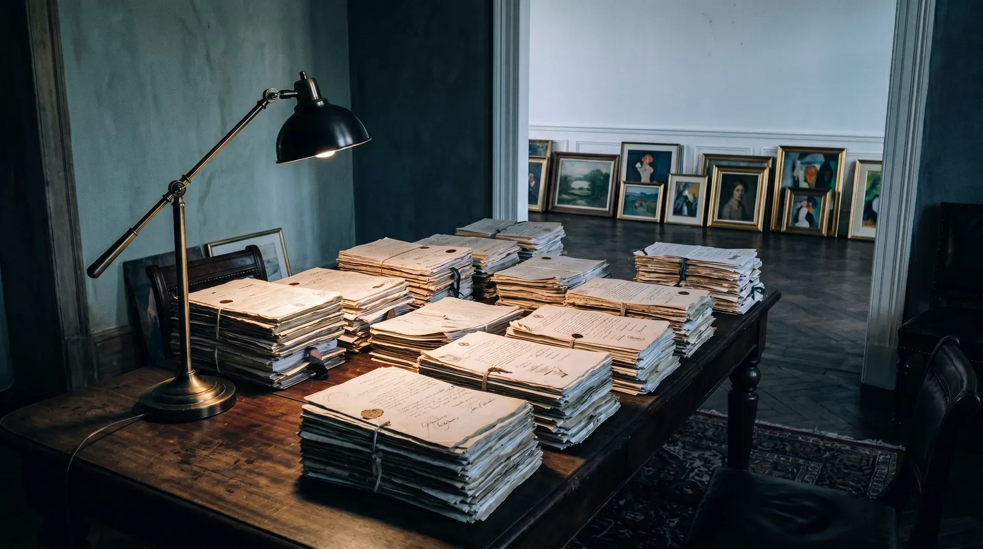 Bureautafel met gestapelde documenten en brieven onder zwarte bureaulamp, schilderijen op achtergrond