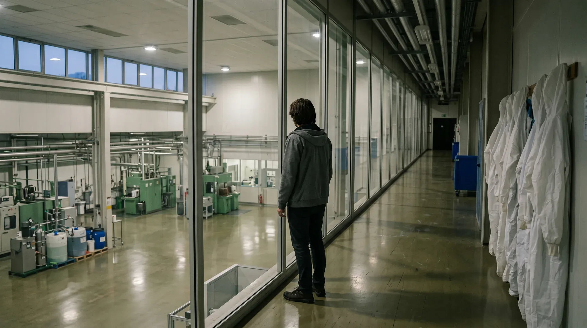 Persoon in fabrieksgang met glazen wanden, groene machines zichtbaar, witte beschermende kleding aan rechterkant.